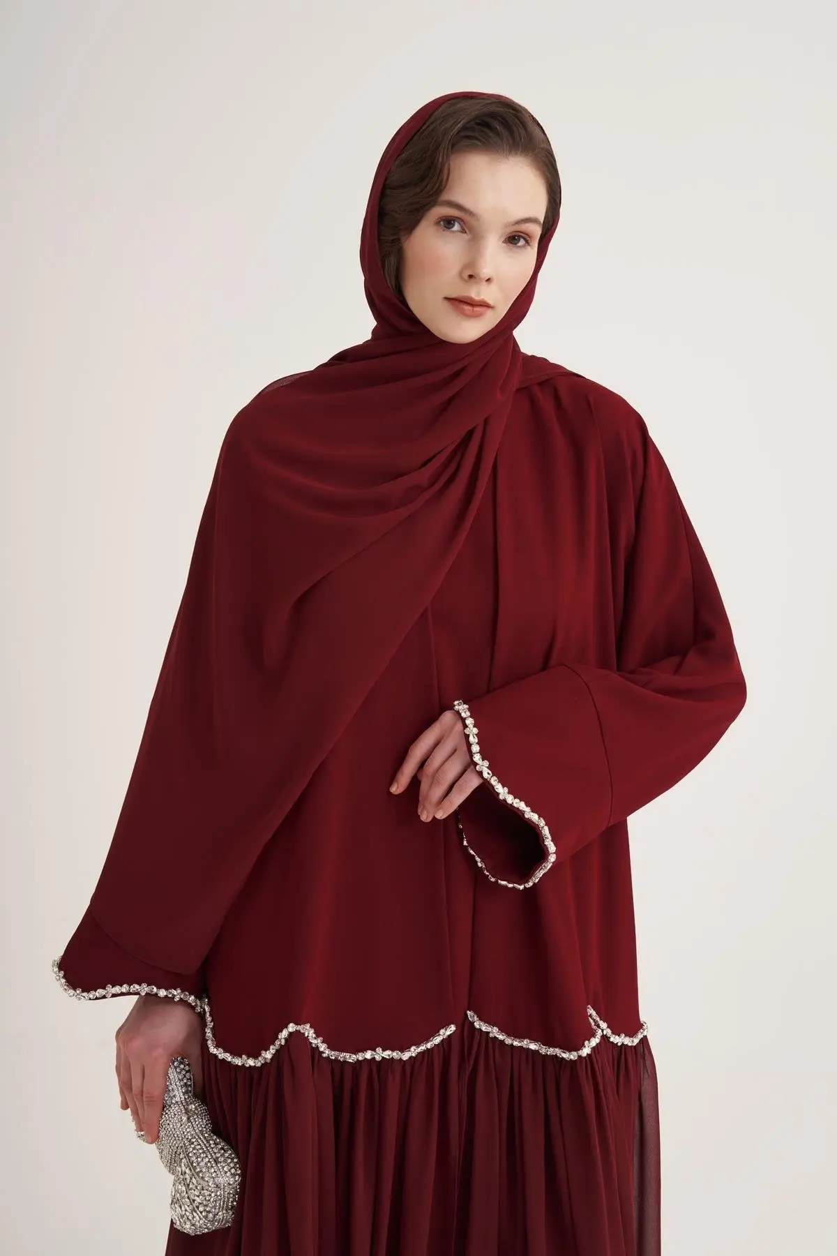 Lina Crystal Abaya & Scarf – Burgundy, photo 2
