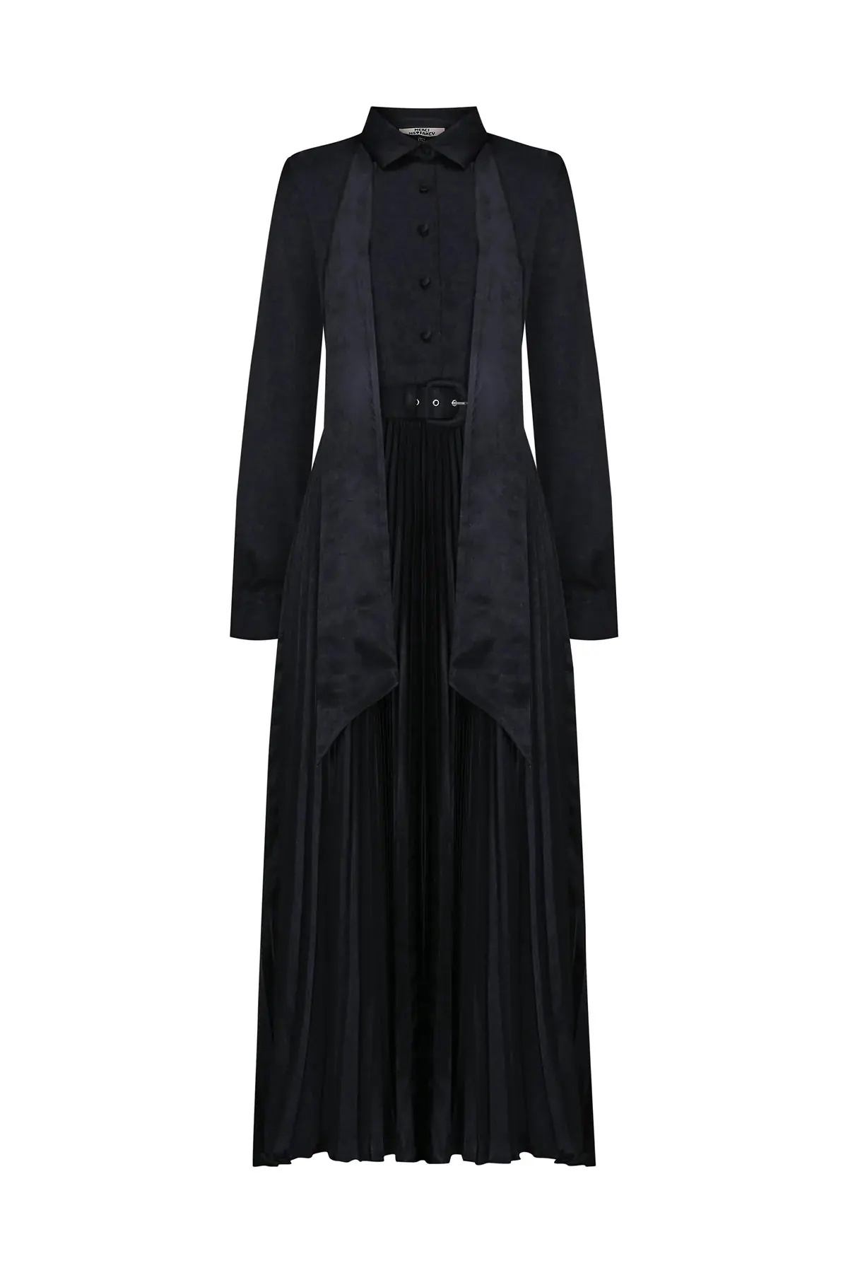 Satin Pleated Belted Dress – Black