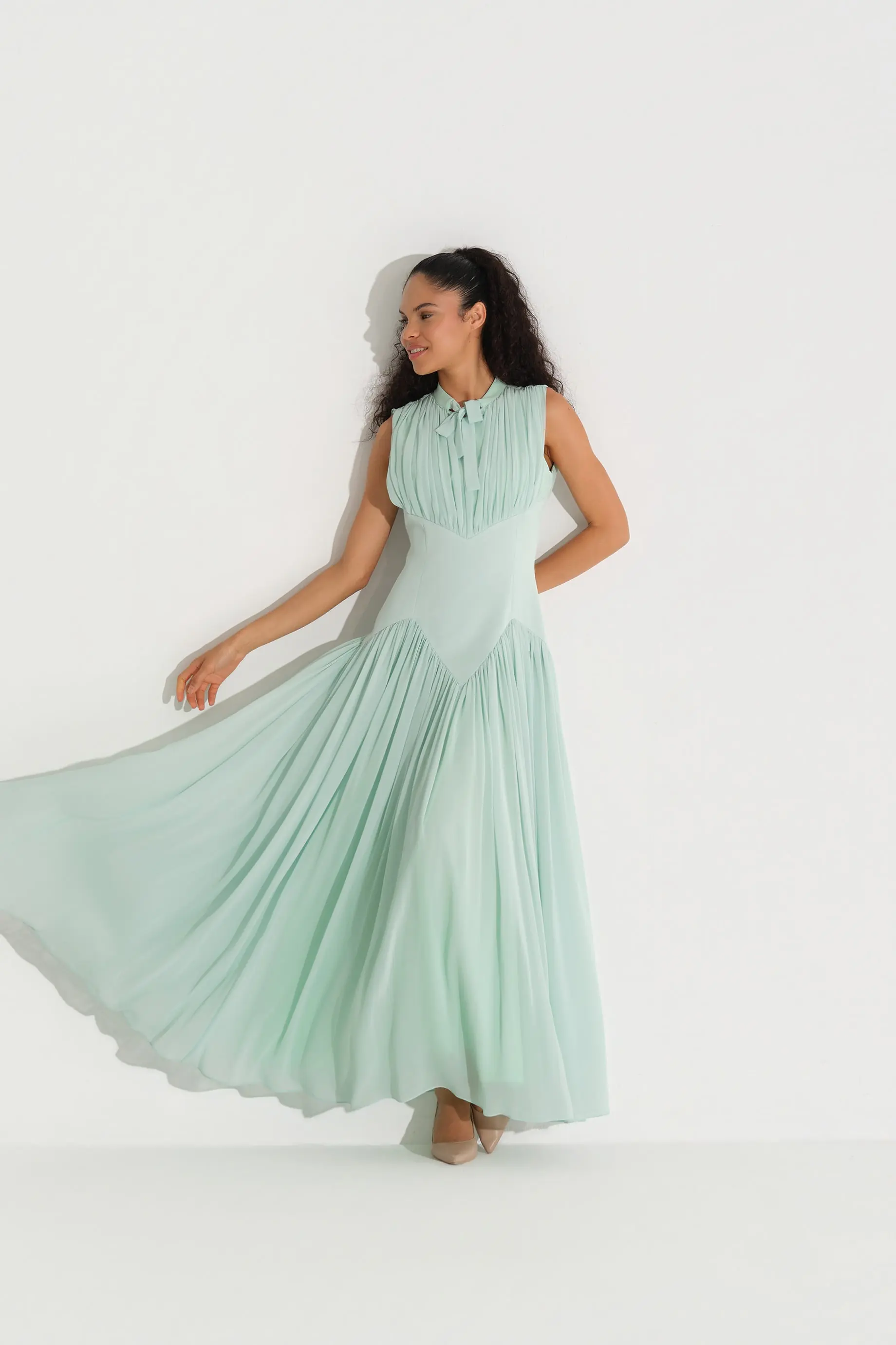 Bow-Neck Corset-Detail Chiffon Dress - Mint, photo 6