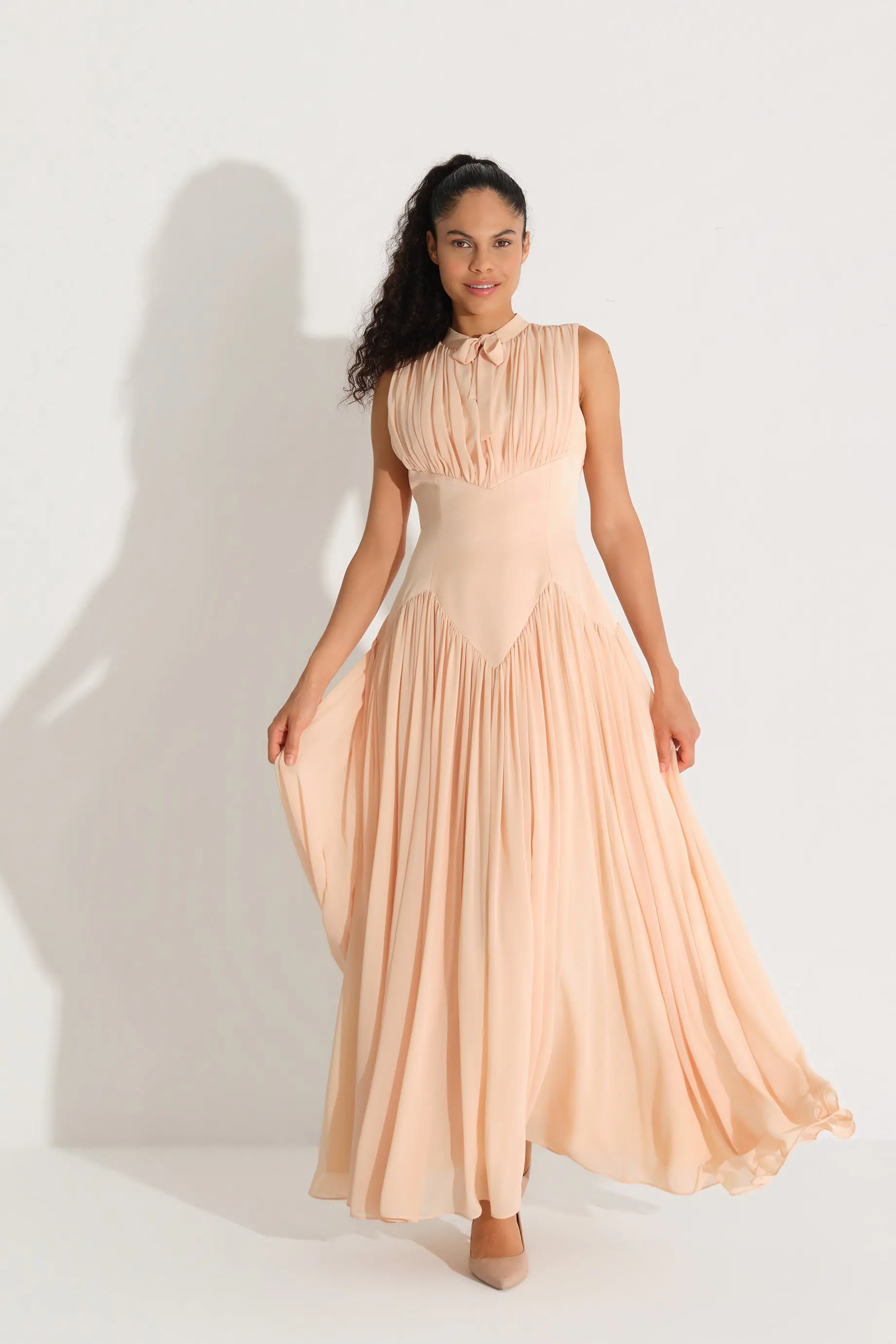 Bow-Neck Corset-Detail Chiffon Dress - Beige, photo 2
