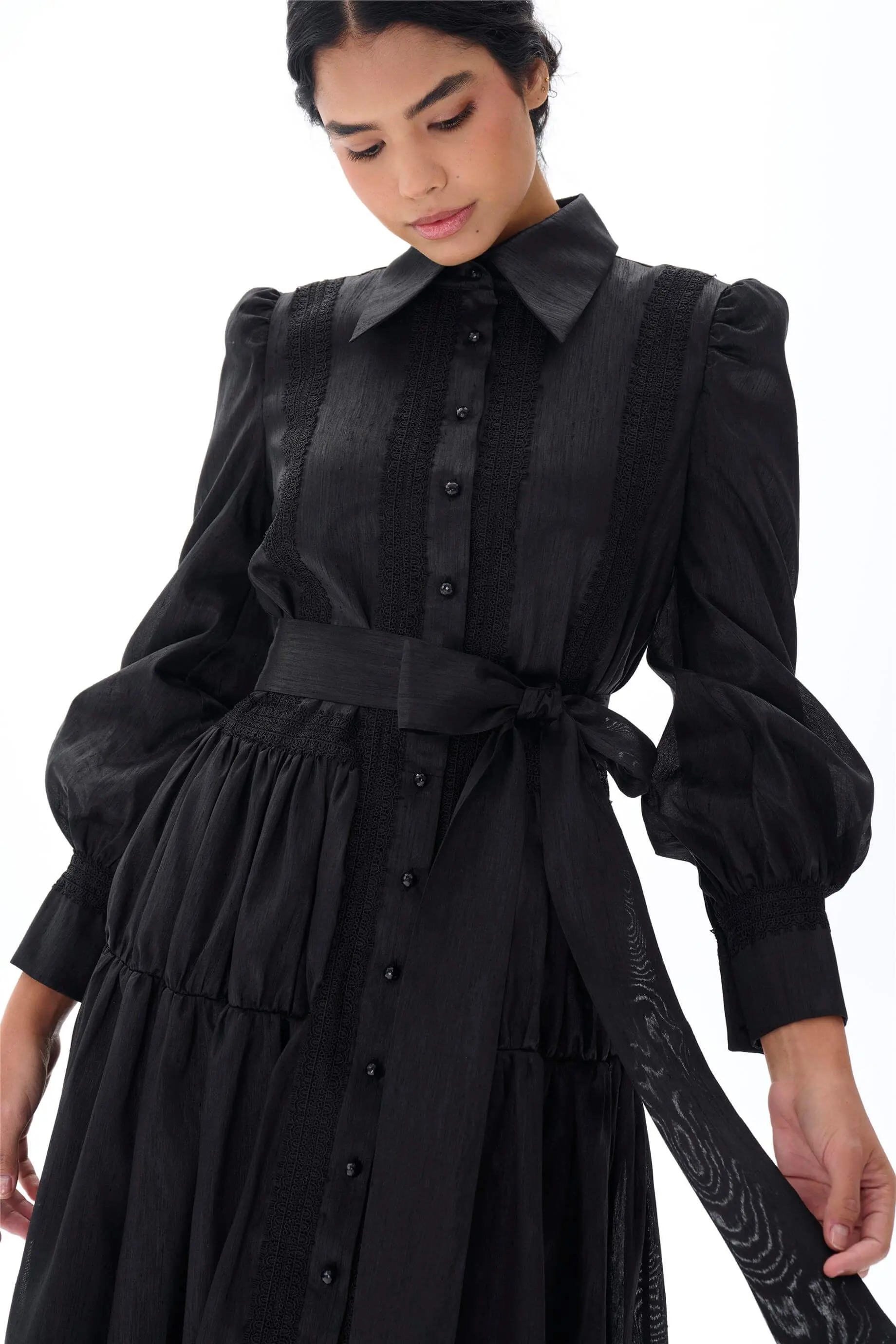 Lace Panel Belted Shirt Dress – Black, photo 4