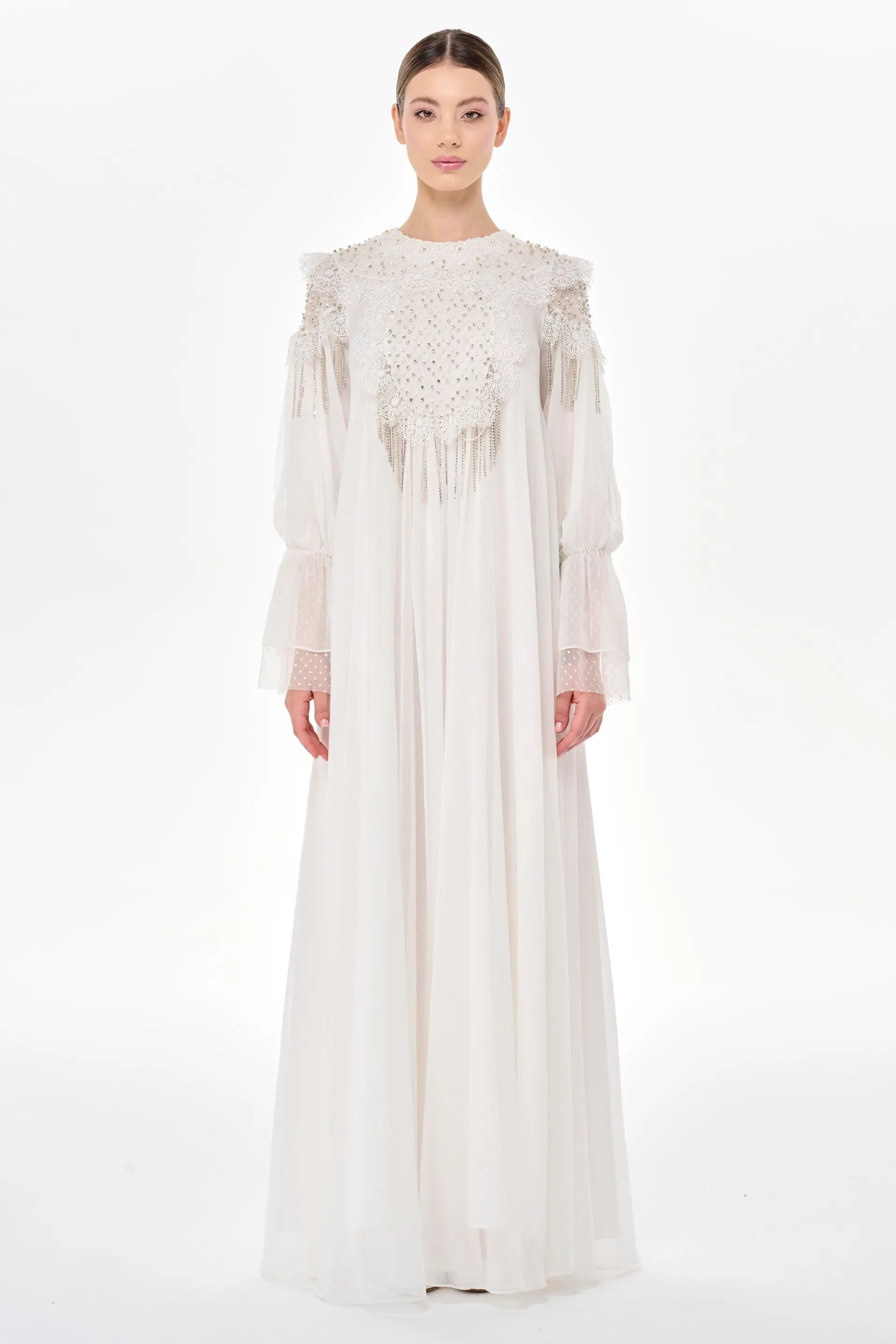 Embellished Oversized Chiffon Maxi Dress - White