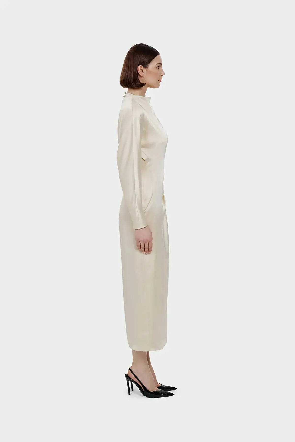 Ruched Waist Satin Midi Dress - Cream, photo 3