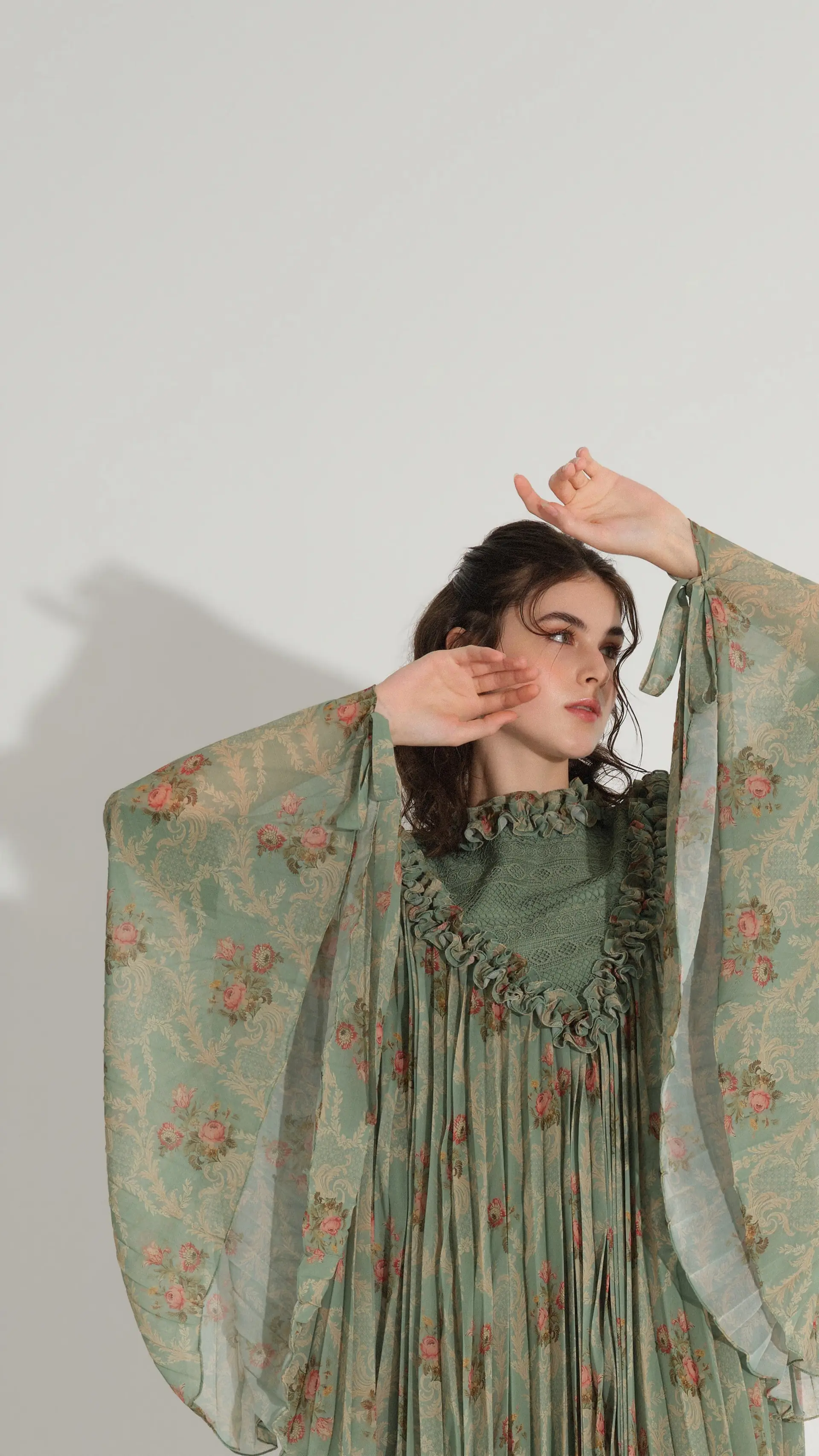 Lace & Ruffle Pleated Dress - Green, photo 2