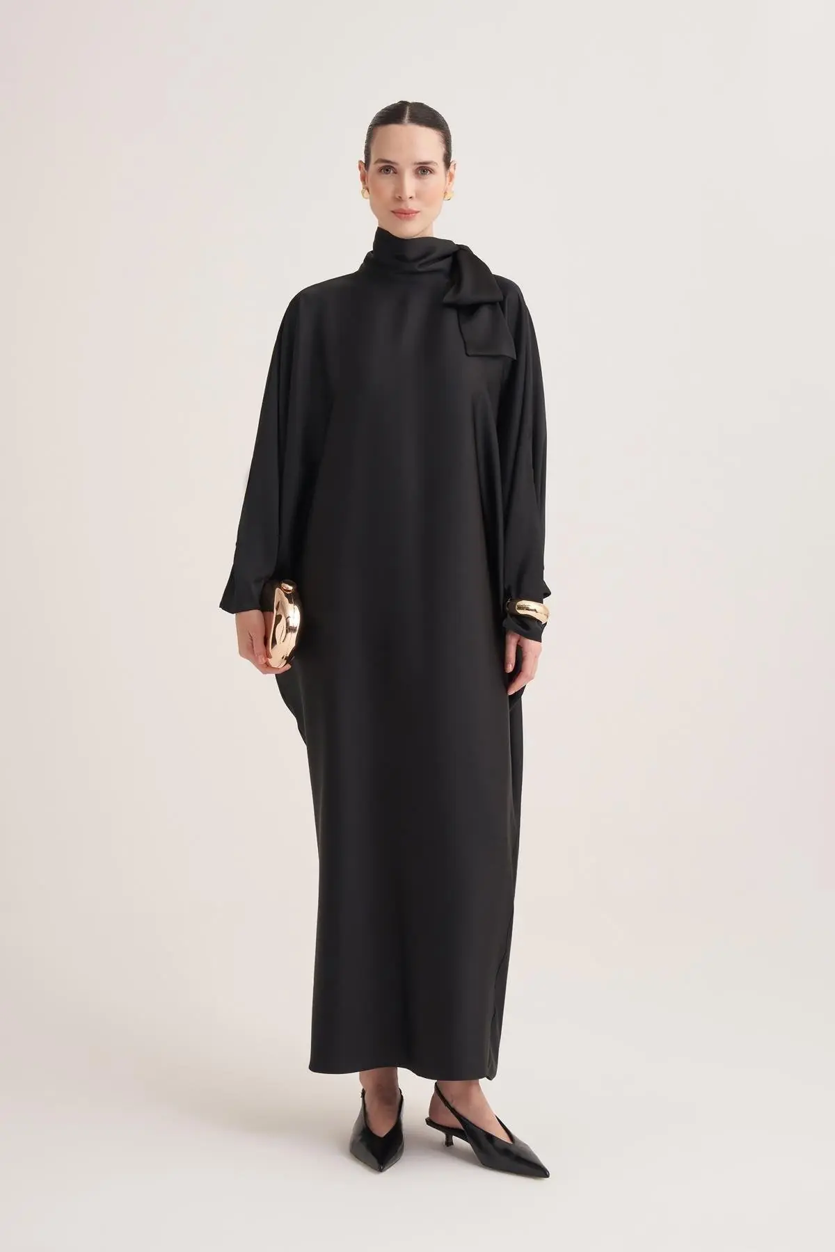Sophie Satin Bow-Neck Dress – Black