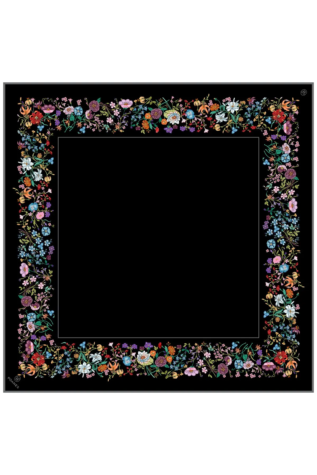 Floral Border Print Twill Silk Scarf - Black