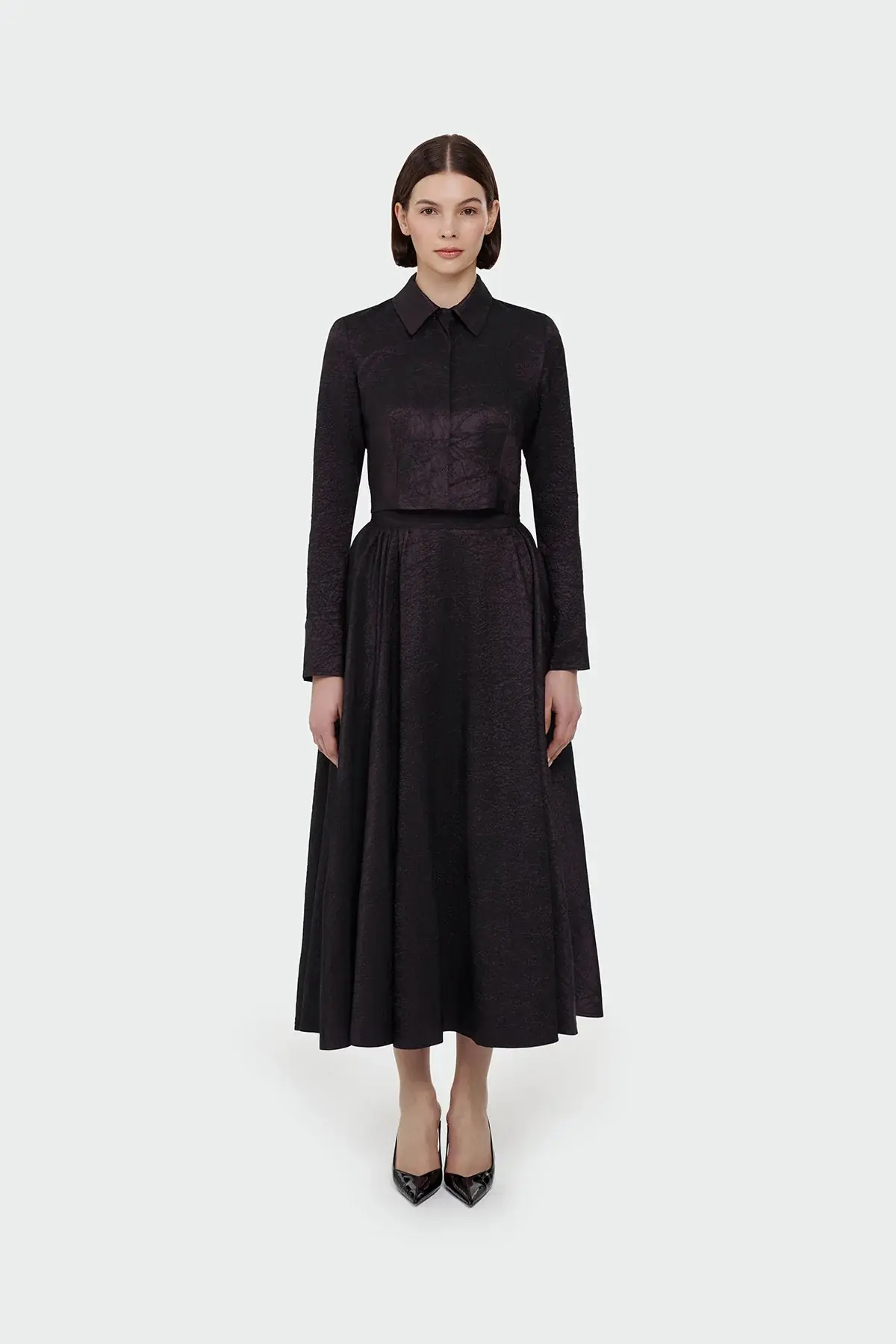 Shirt Collar Cropped Jacket & Skirt Set - Plum