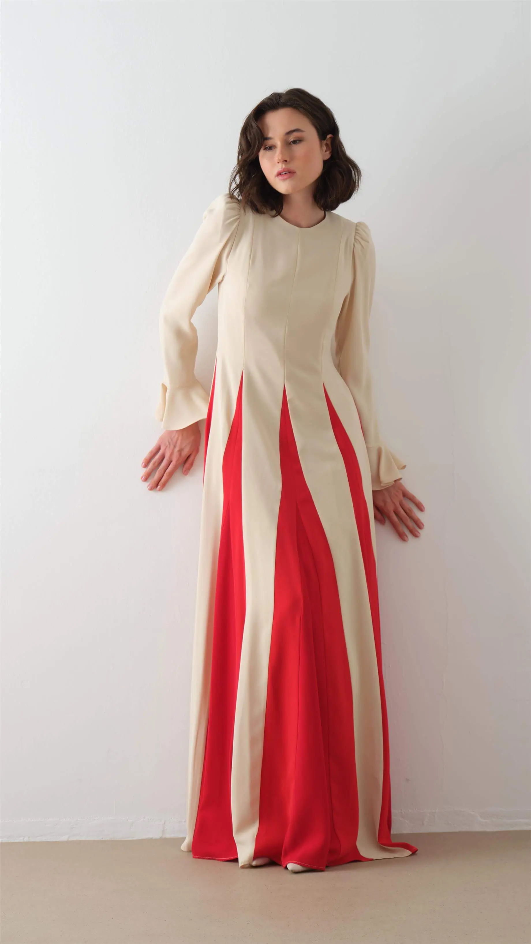 Contrast-Panel Maxi Dress – Beige