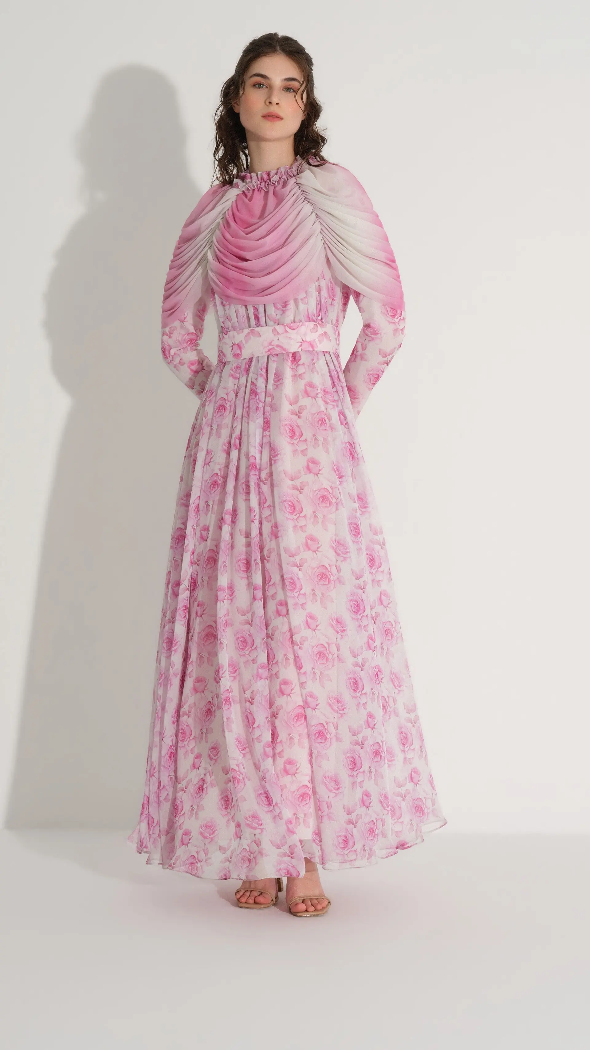 Cape Detail Silk Chiffon Dress – Pink, photo 4
