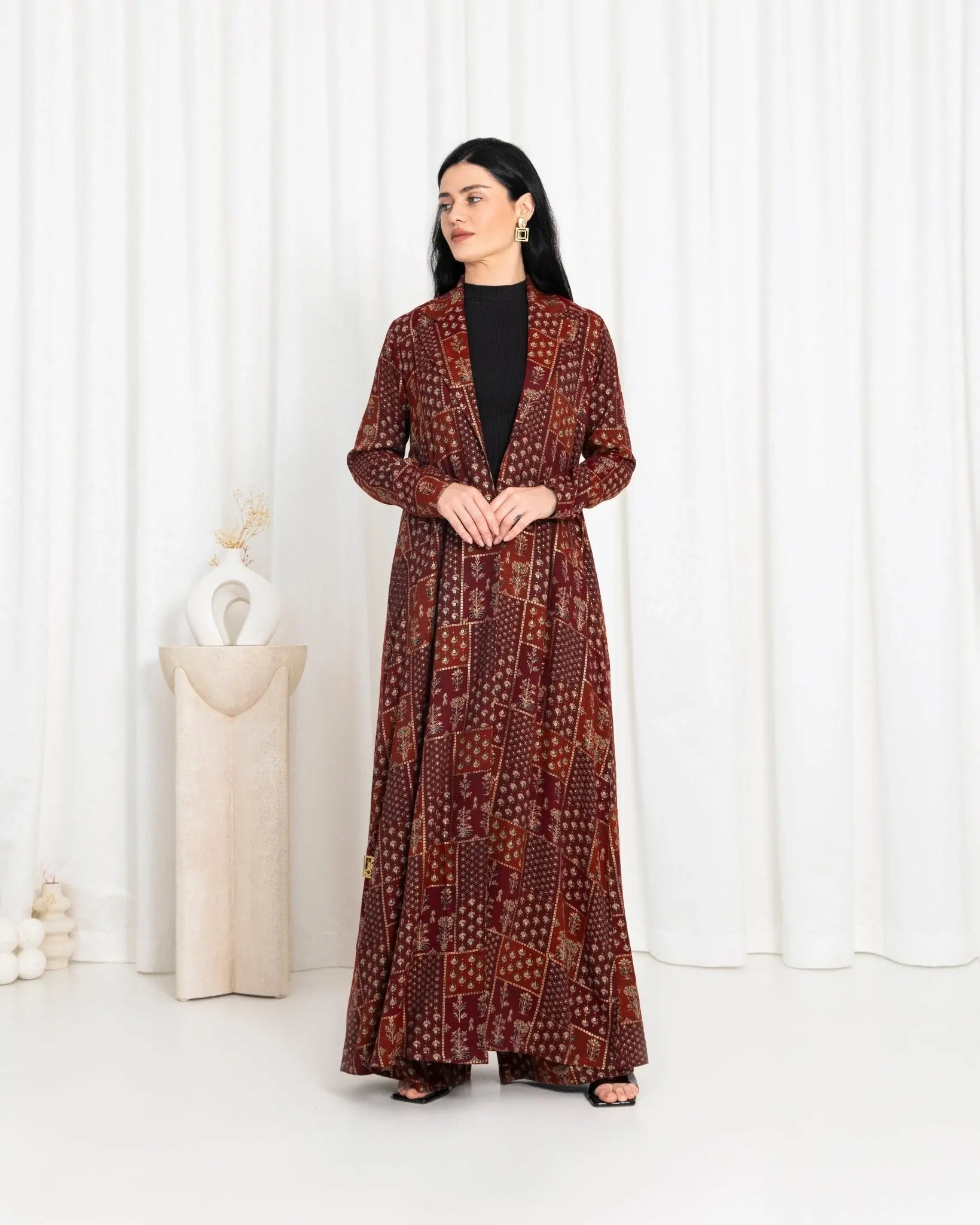 Maroon Floral Check Jacket Abaya, photo 4