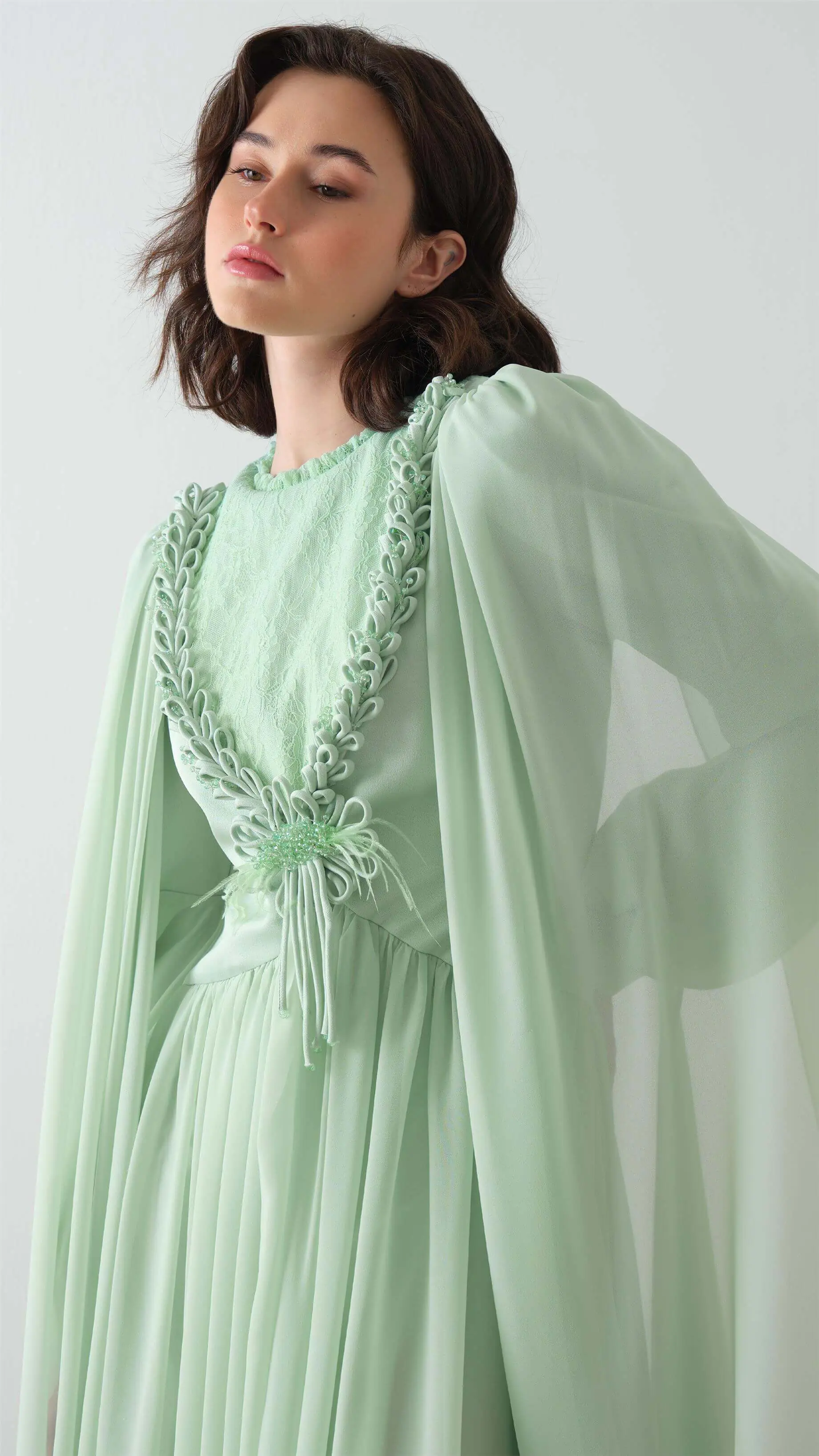 Floral-Embellished Cape-Sleeve Dress – Mint, photo 2