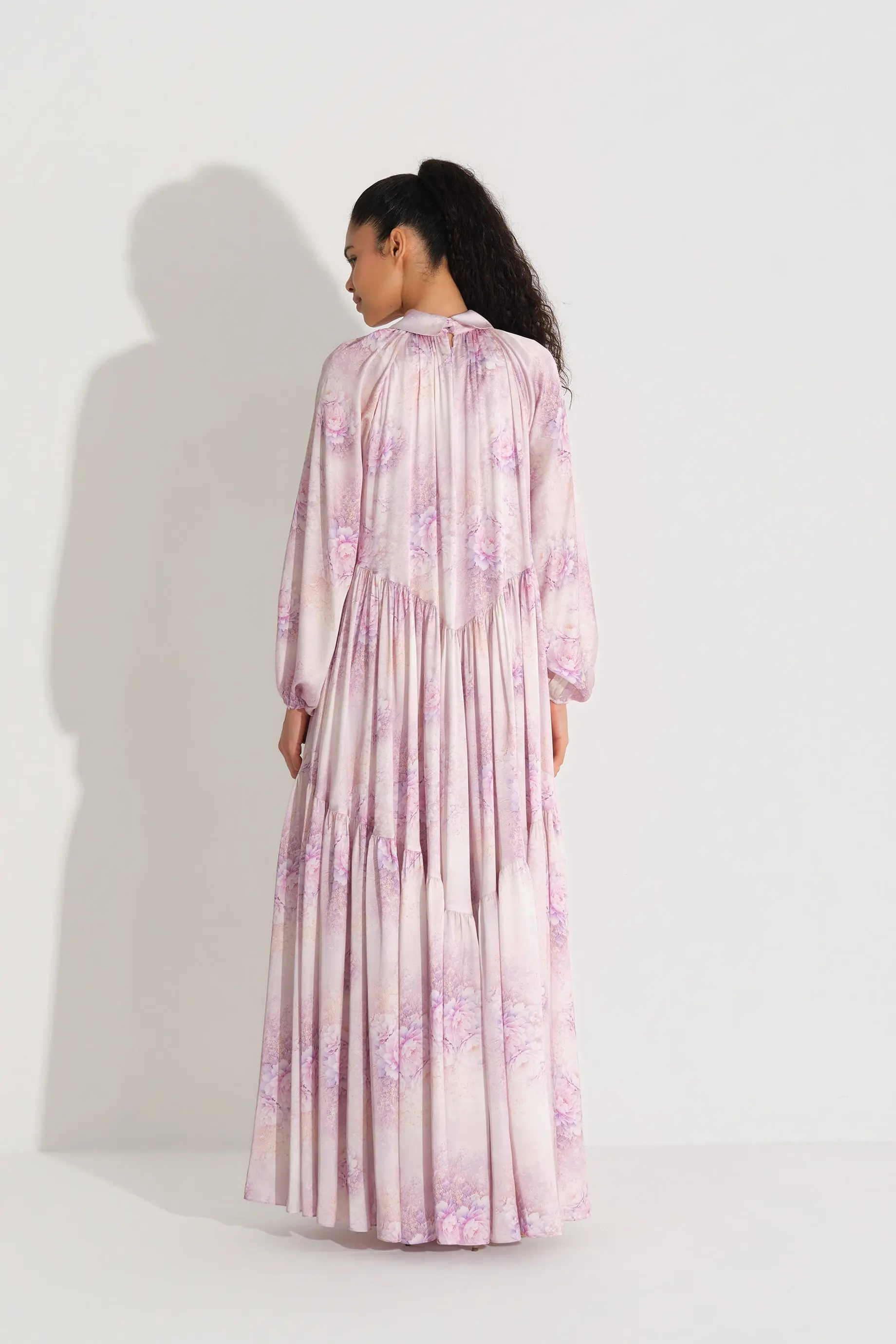 Bow-Neck Floral Satin Chiffon Dress – Lilac, photo 5