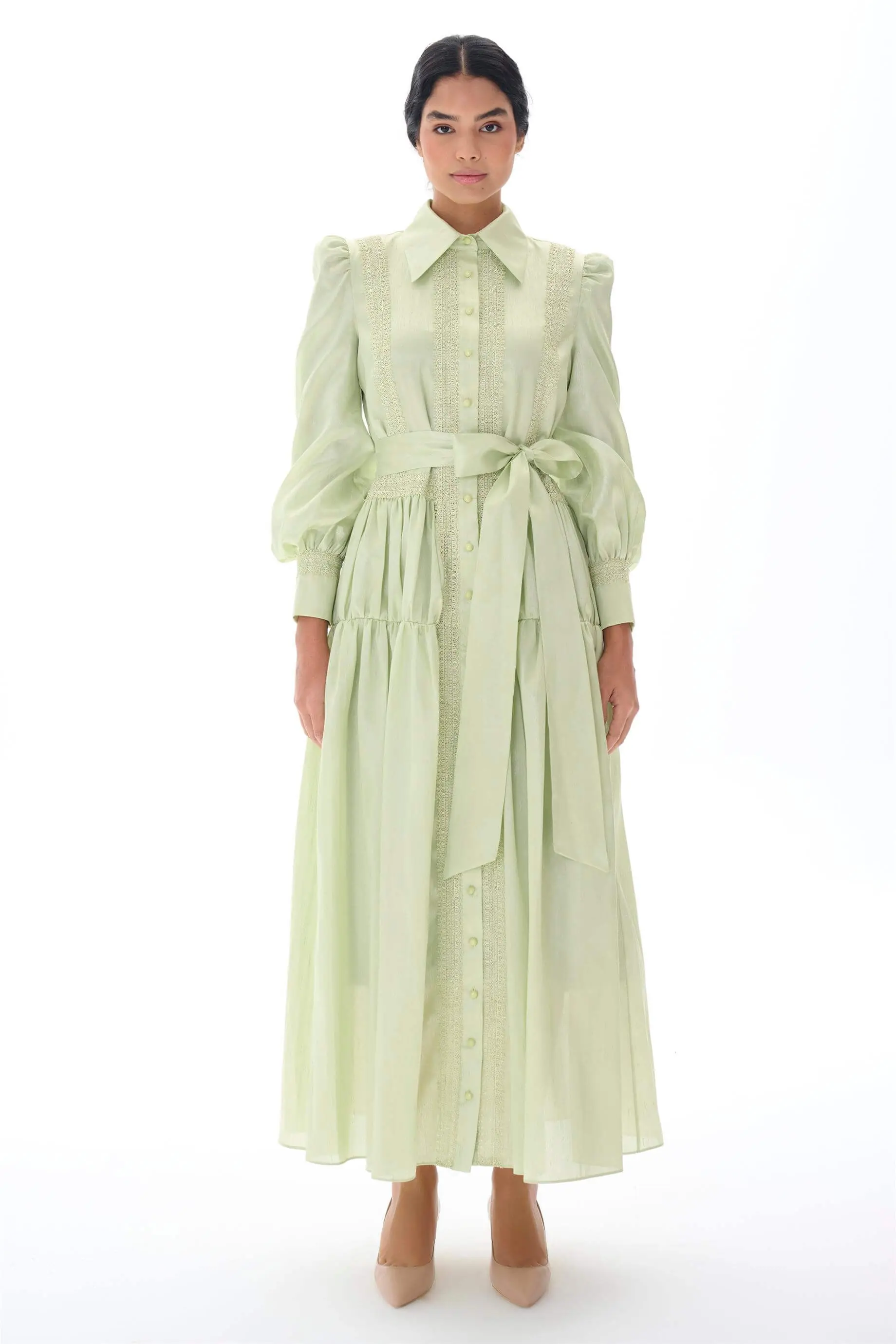 Lace Panel Belted Shirt Dress – Green