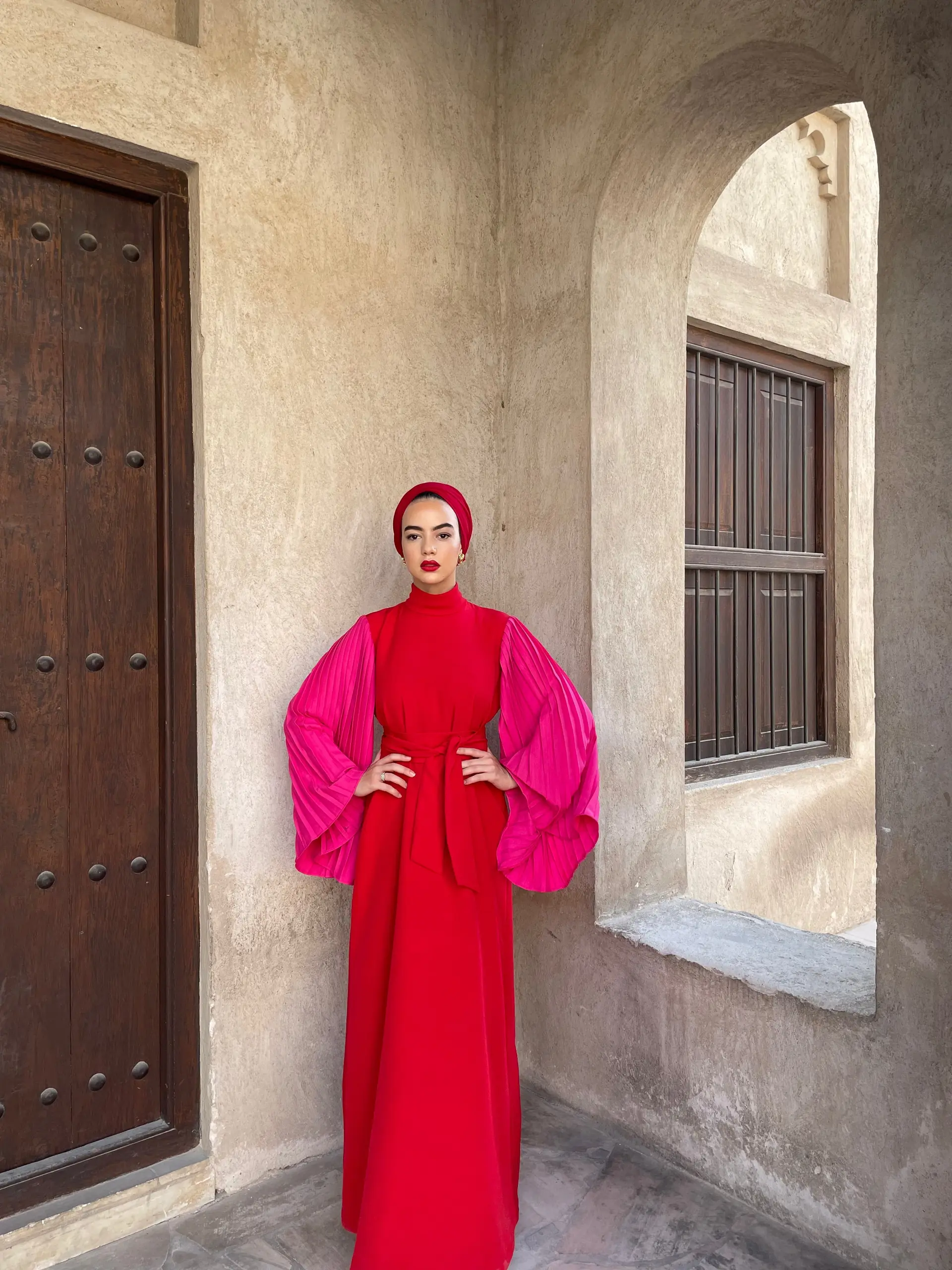 Fémeniste – Red & Fuchsia Pleated Sleeve Maxi Dress | Modest Luxury