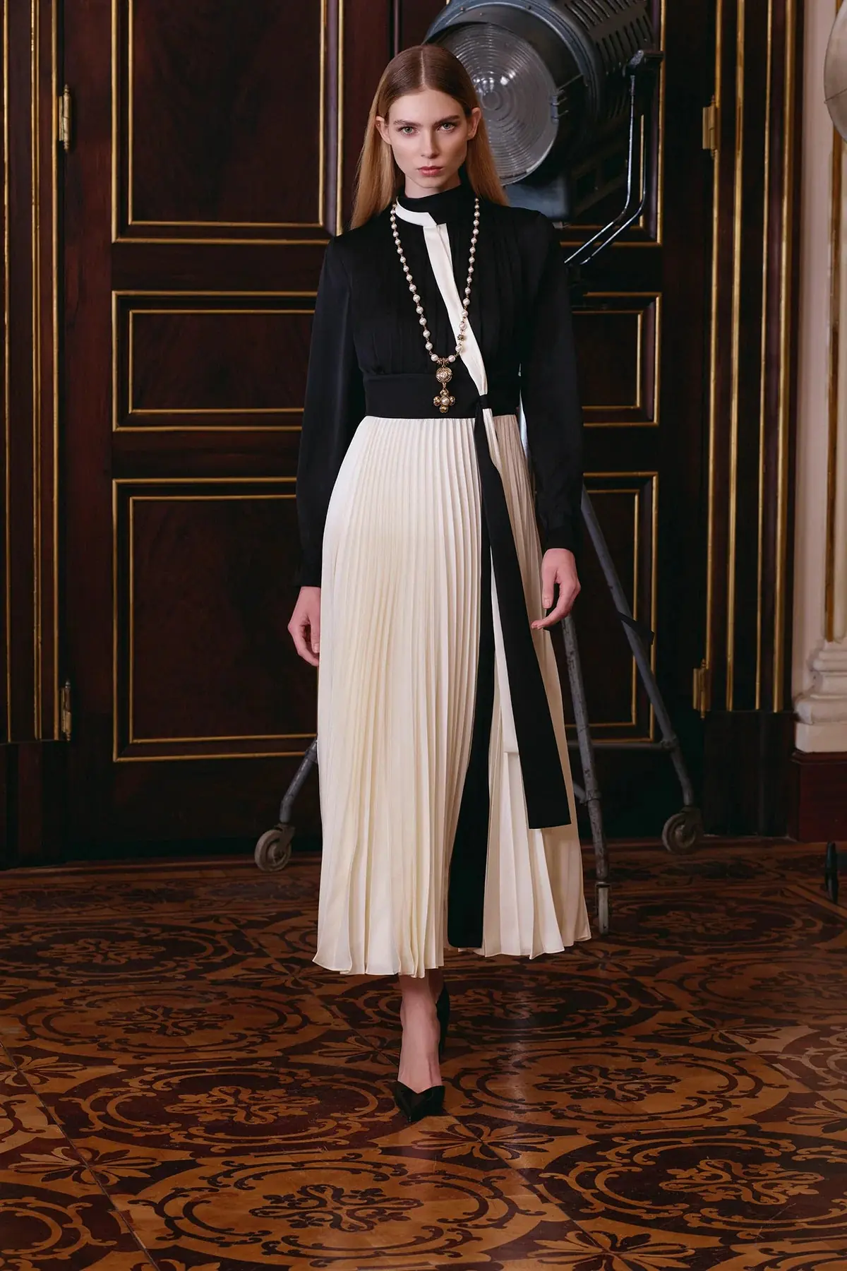 Pleated Panel Long-Sleeve Dress – Black