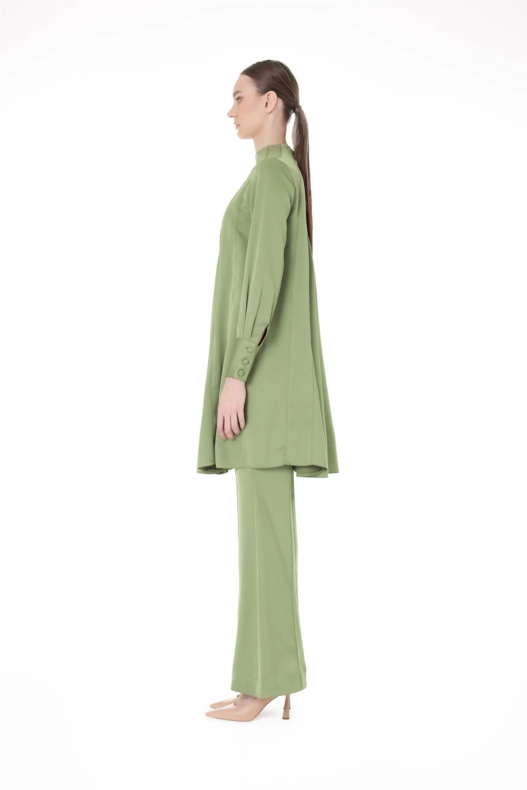 Flared Panel Tunic & Wide-Leg Trousers Set – Oil Green, photo 2