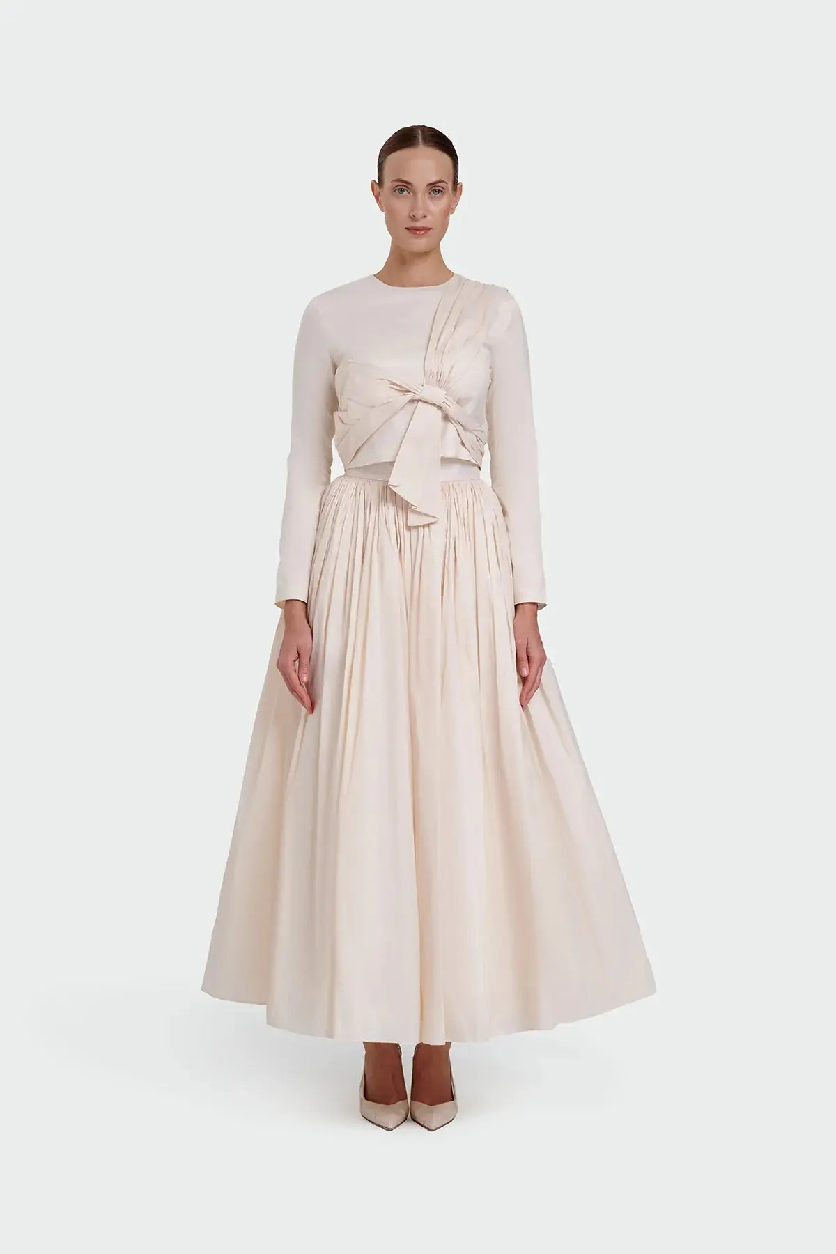 Long-Sleeve Dress with Front Tie Detail - Cream