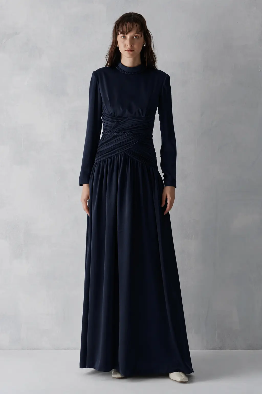 Ruched Waist Draped Long Evening Dress - Navy Blue