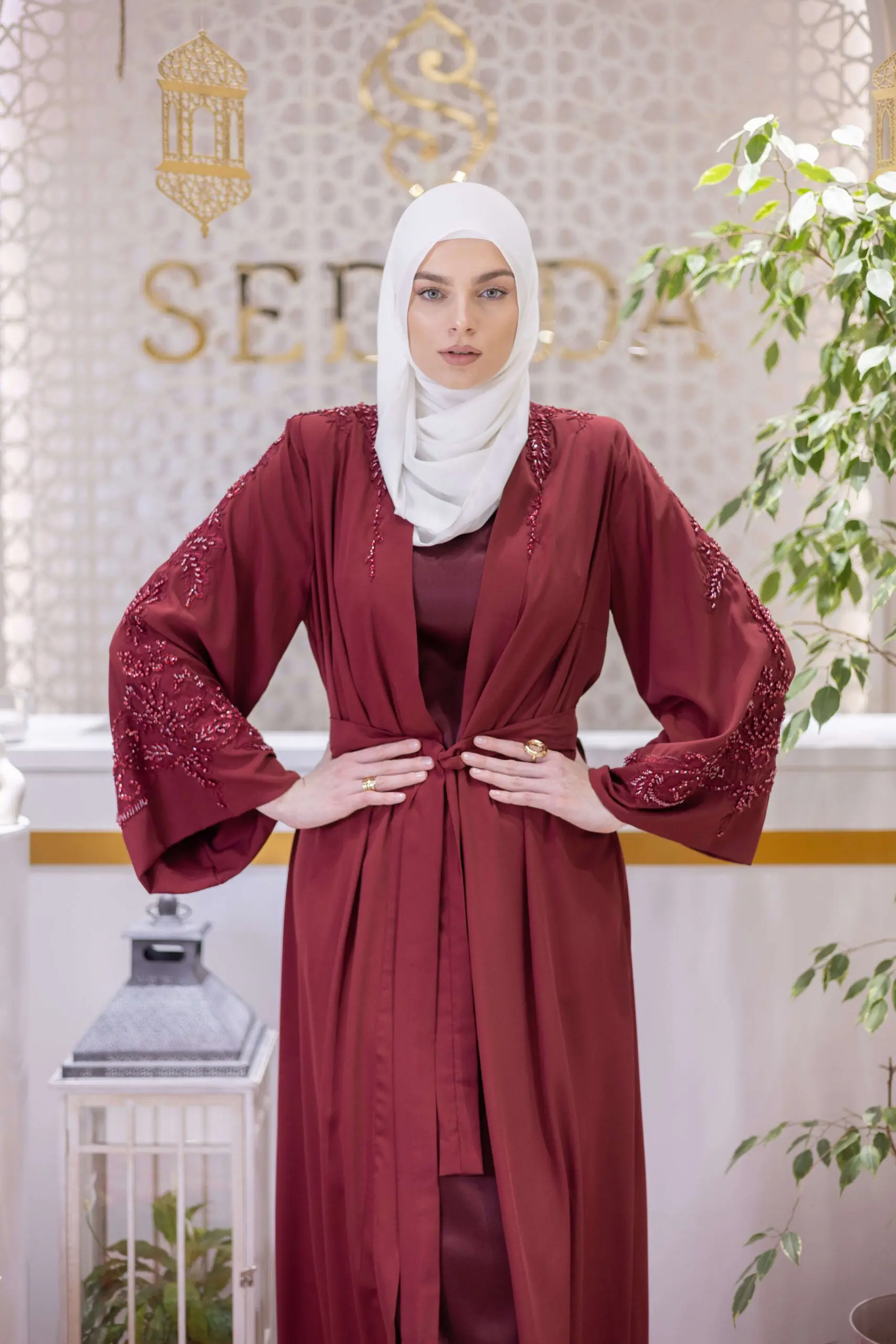 Crystal Veil Embellished Abaya – Red, photo 2