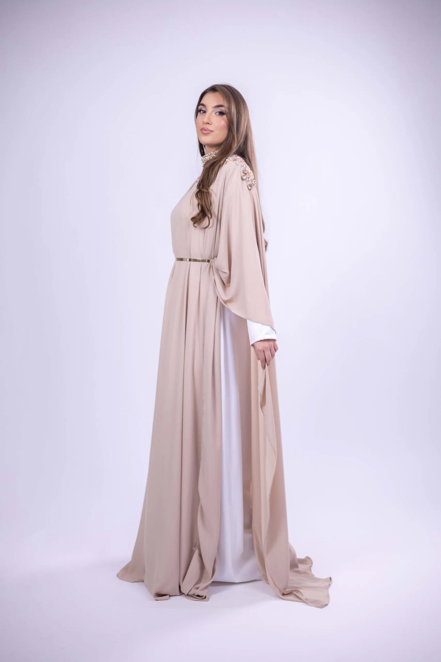 Velvet Moon Embellished Abaya – Beige, photo 5