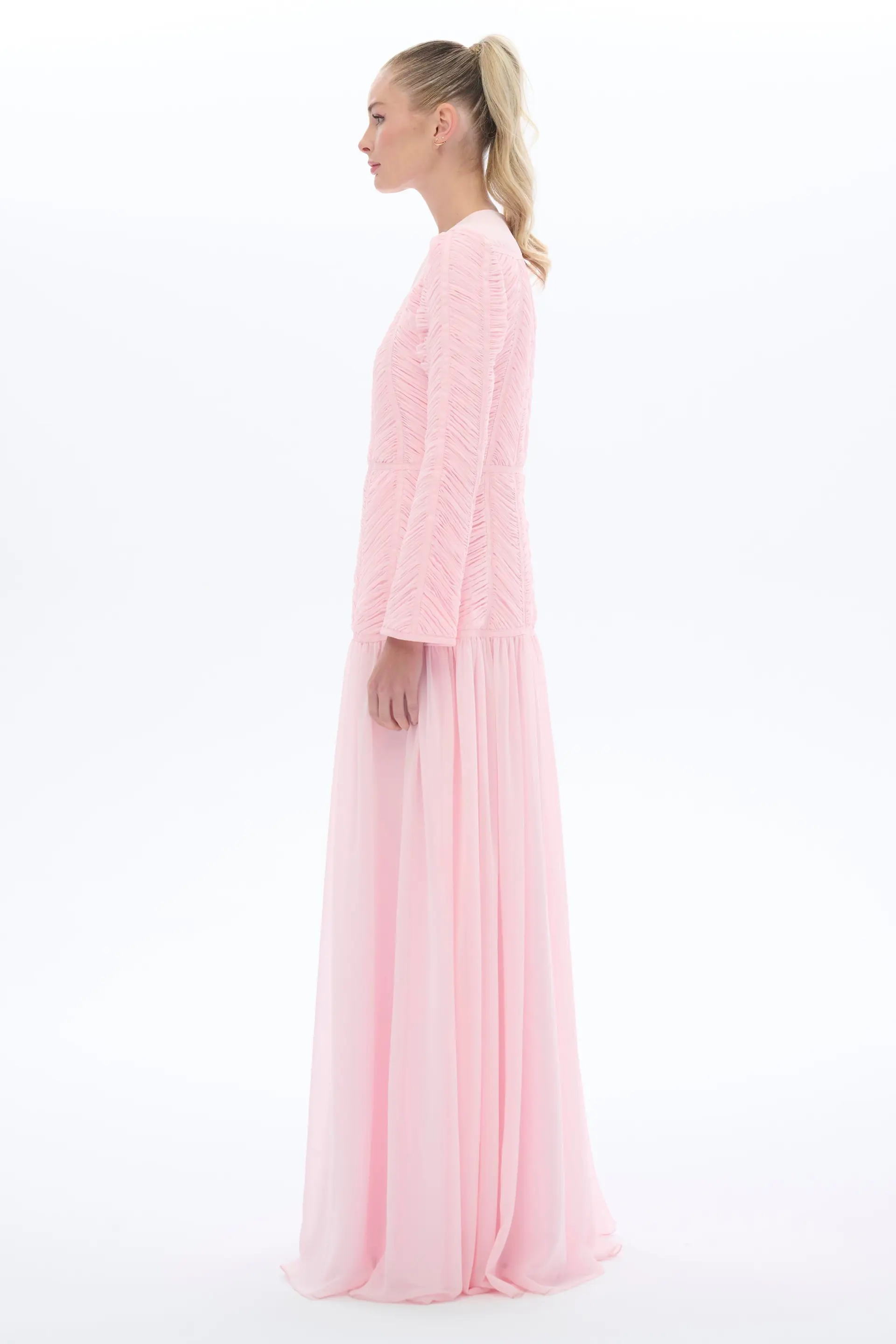 Ruched Bodice Chiffon Dress – Pink, photo 3