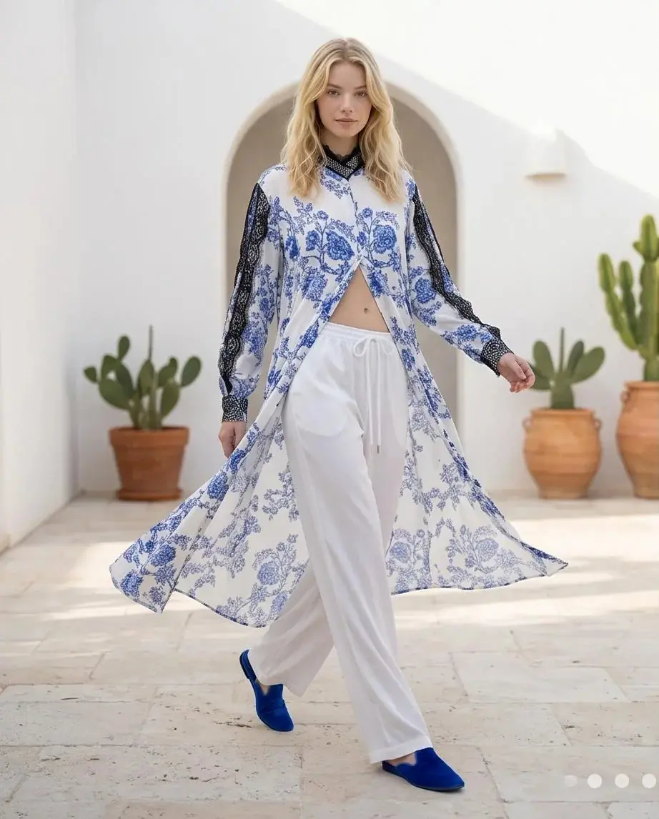 Glenda Luxury Silk Floral Long Shirt – White & Blue, photo 4