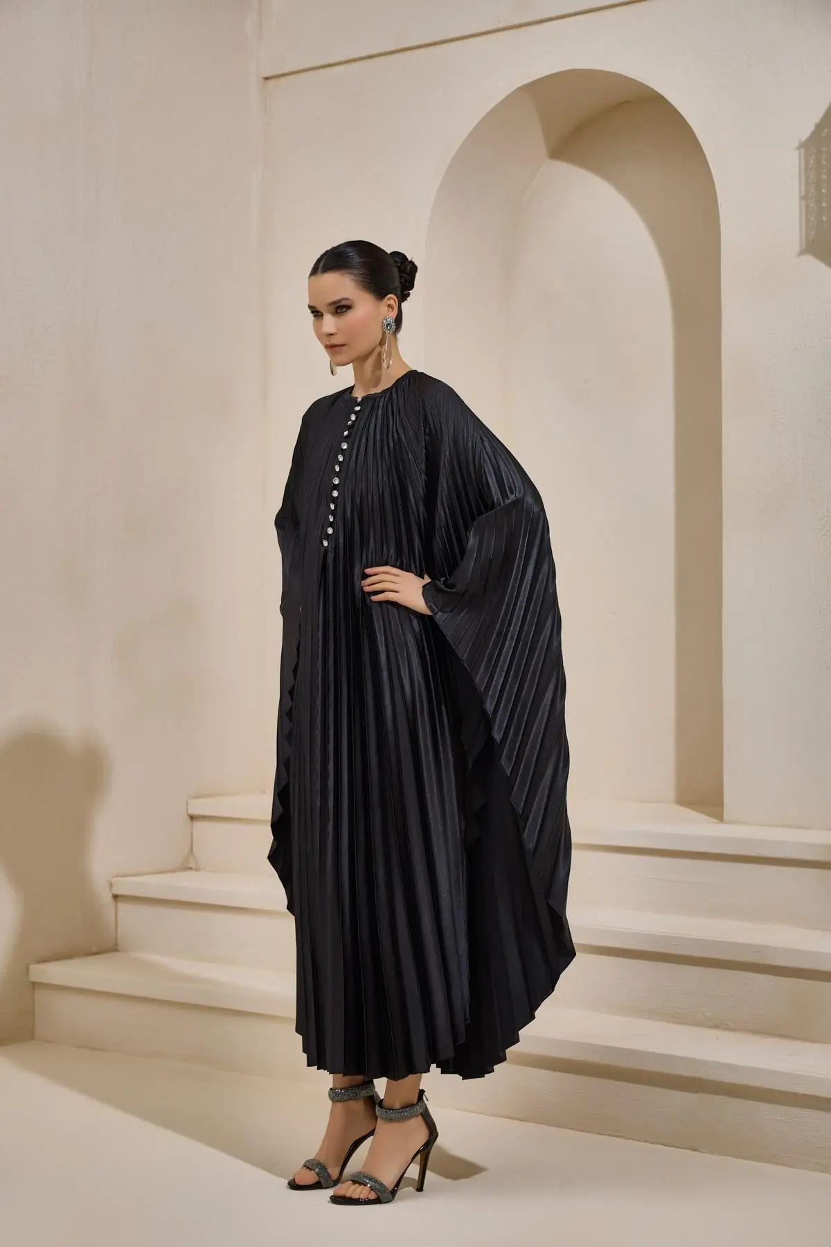 Plisse Satin Maxi Dress Set – Black