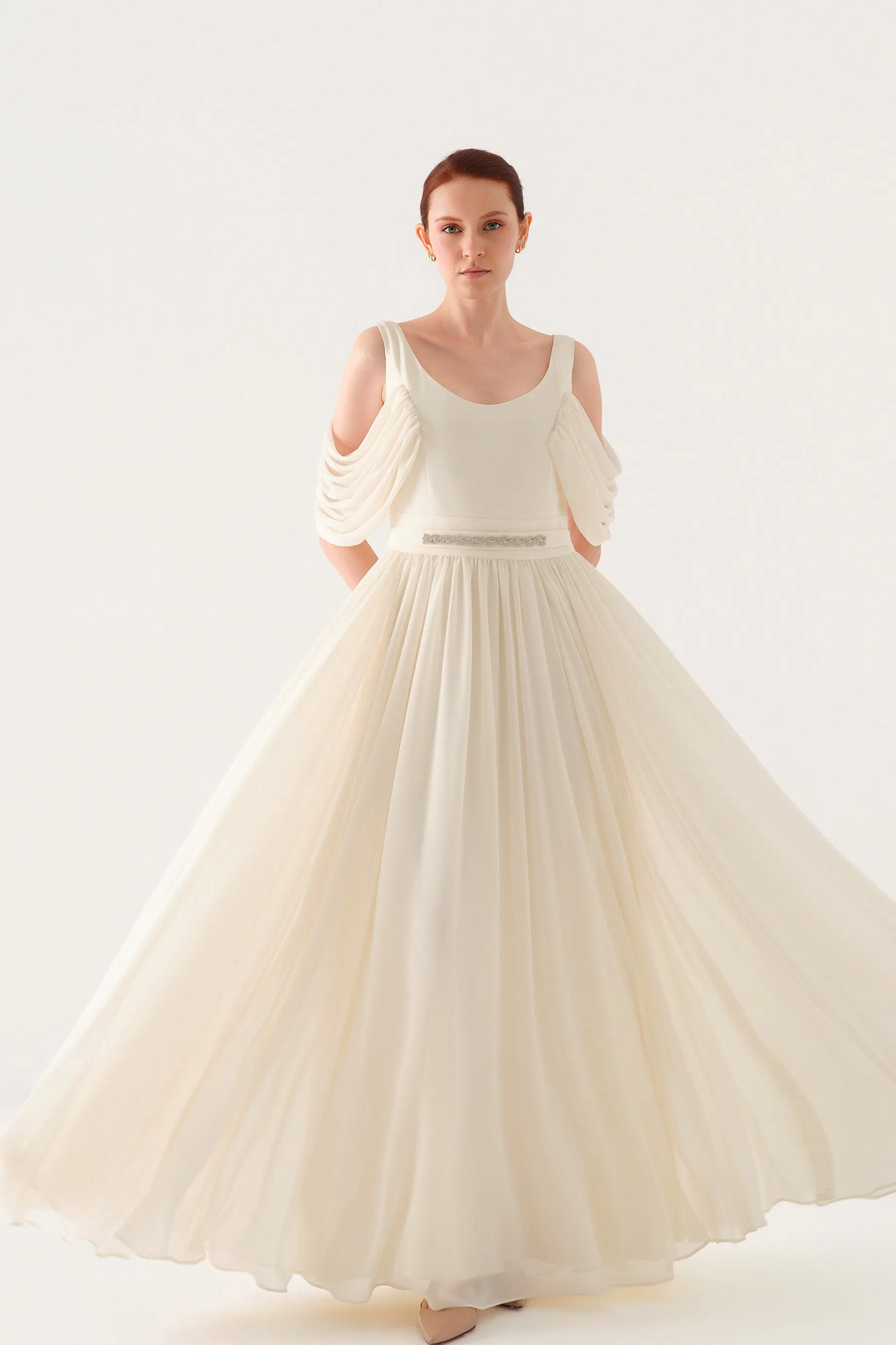 Embellished-Belt Draped Chiffon Maxi Dress – Ecru, photo 3