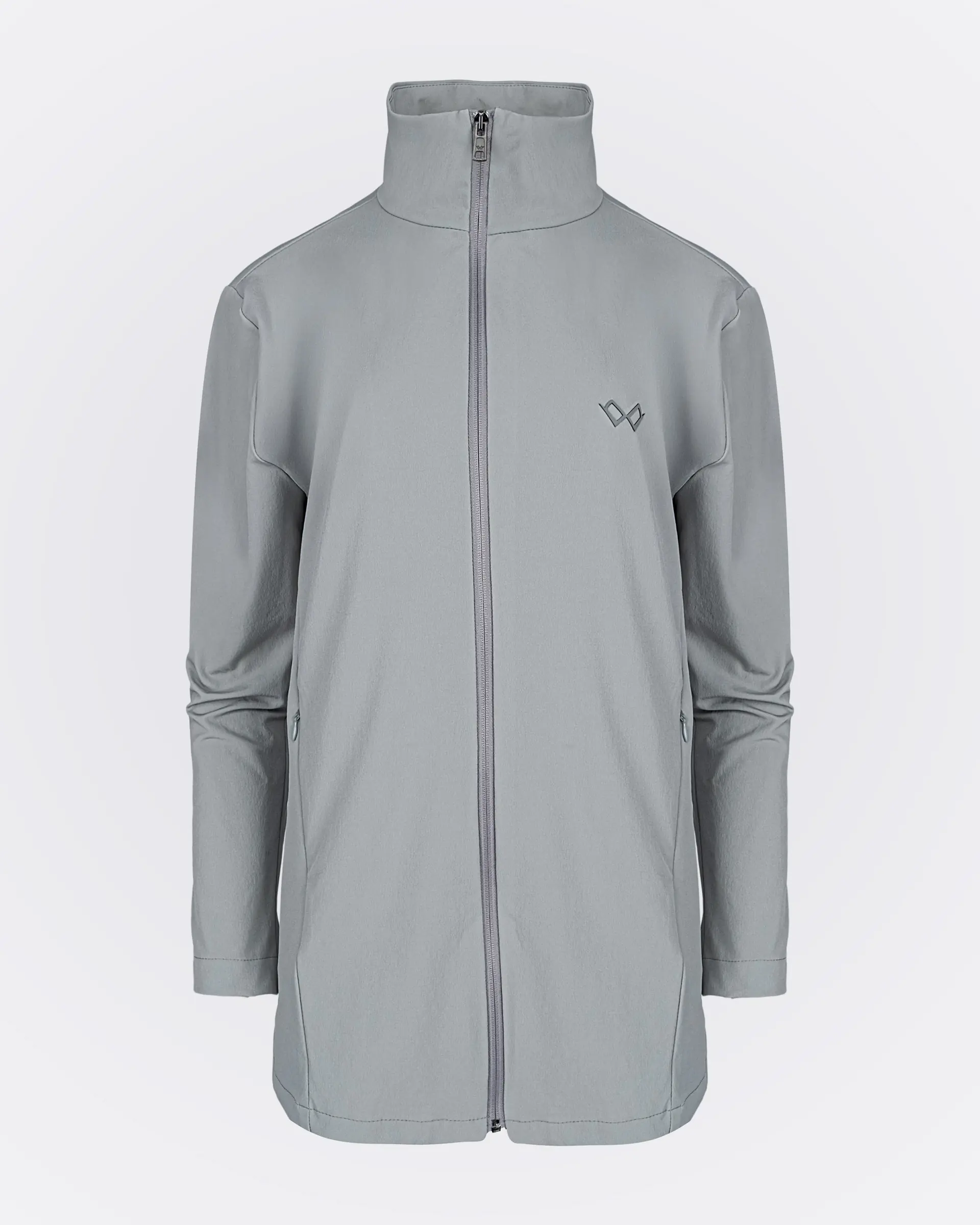 Long High-Neck Stretch Jacket with Hidden Pockets – Grey