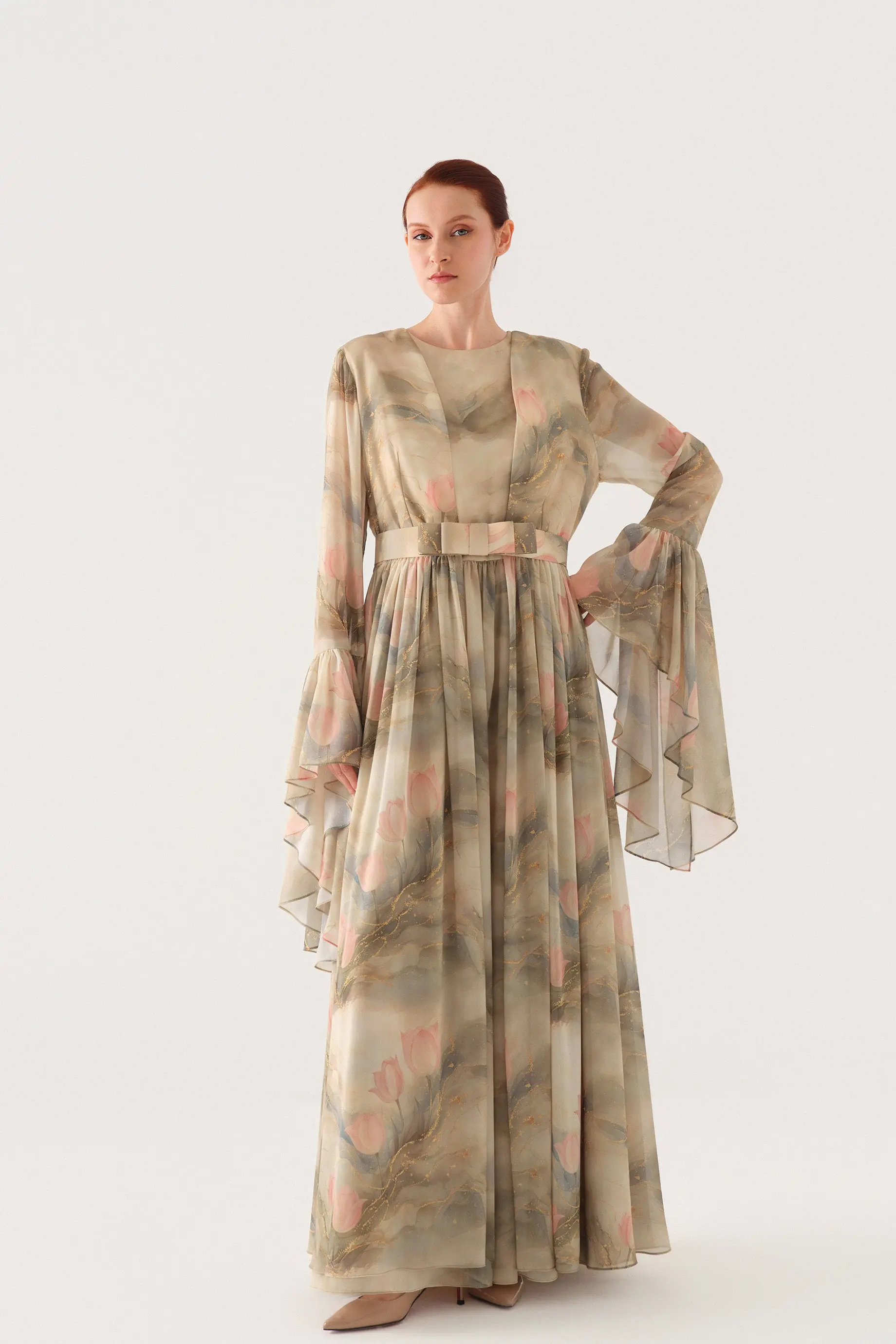 Tulip-Print Chiffon Maxi Dress with Inner Slip – Green