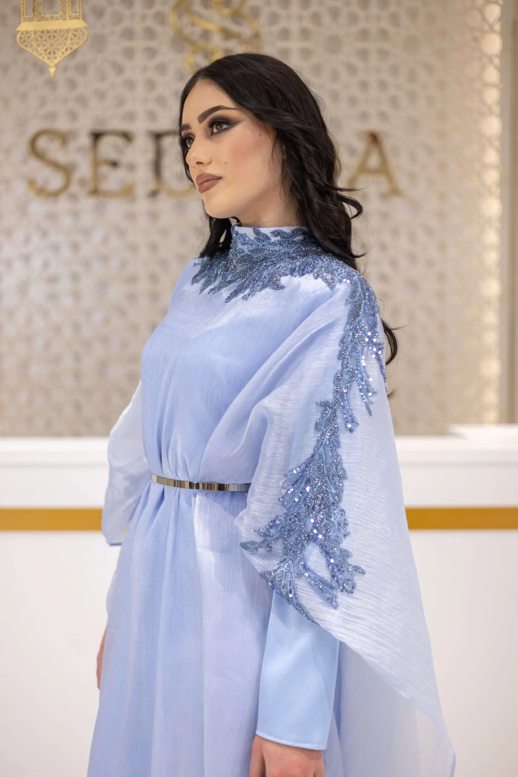 Silk Majesty Embellished Abaya – Light Blue, photo 2