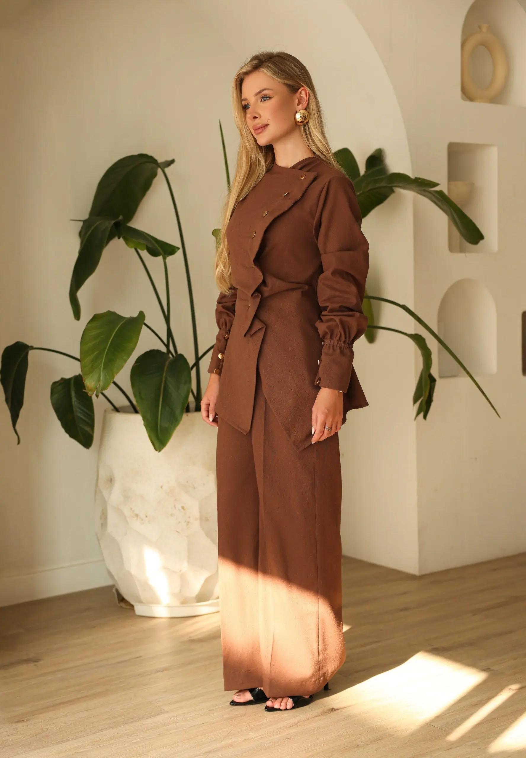 Terracotta – Linen Wrap Top & Wide-Leg Trousers Set | Modest Luxury, photo 2