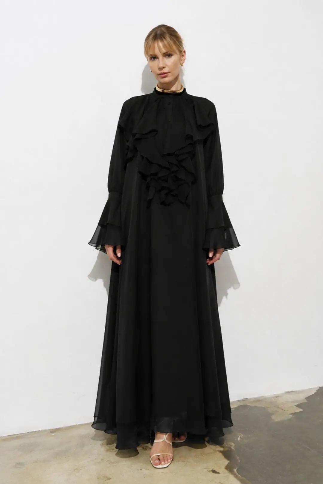 Bloom Ruffle Detail Chiffon Maxi Dress - Black, photo 2