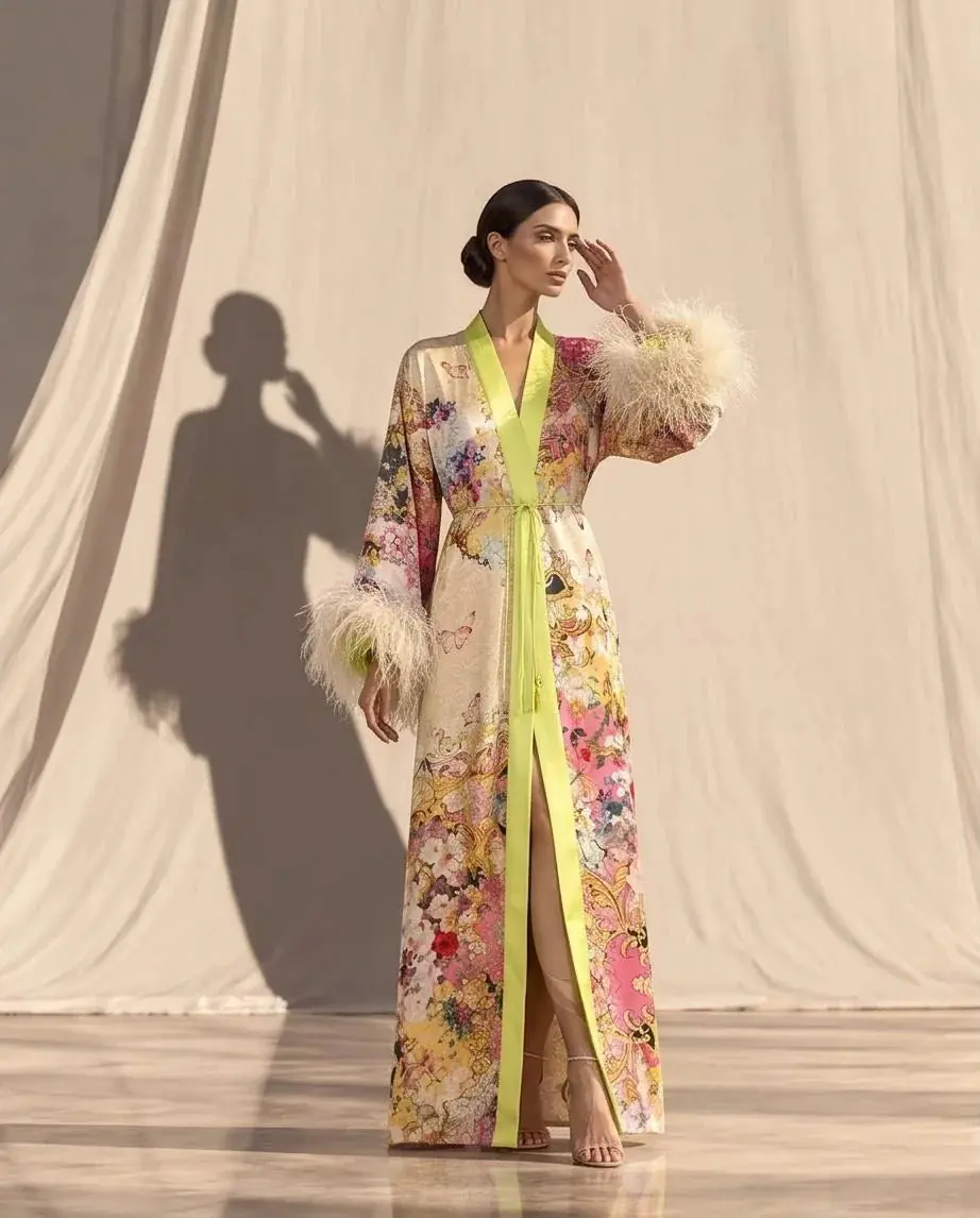 Rita Floral Kimono with Ostrich Feather Trim - Lime Green, photo 2