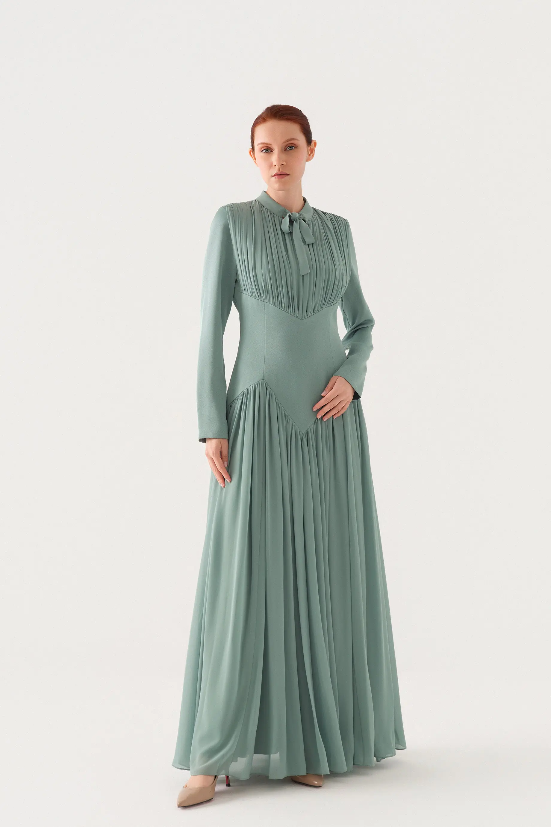 Bow-Neck Corset-Waist Crepe Maxi Dress – Dark Mint, photo 5