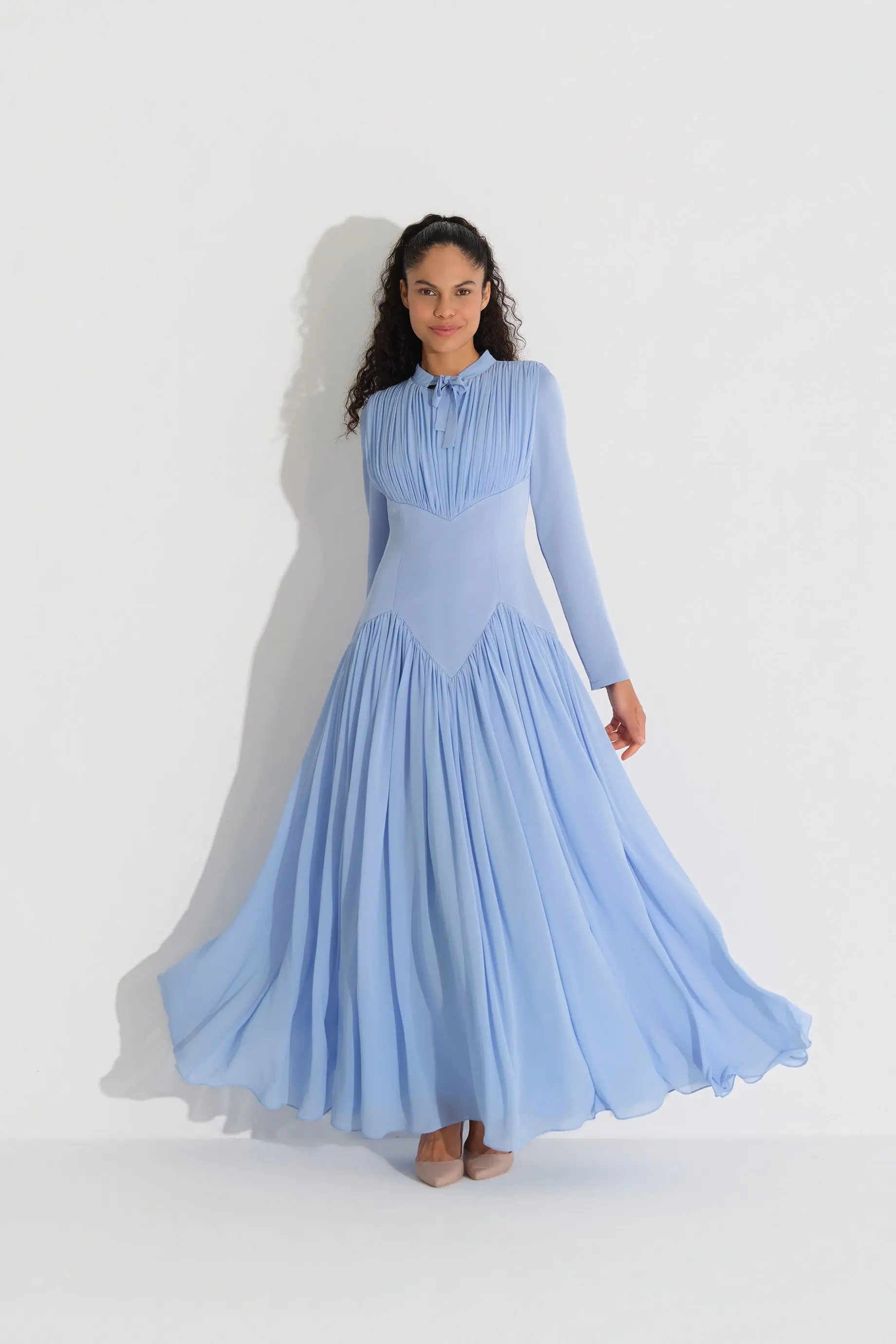 Bow-Neck Corset-Detail Chiffon Dress with Long Sleeves - Blue, photo 5