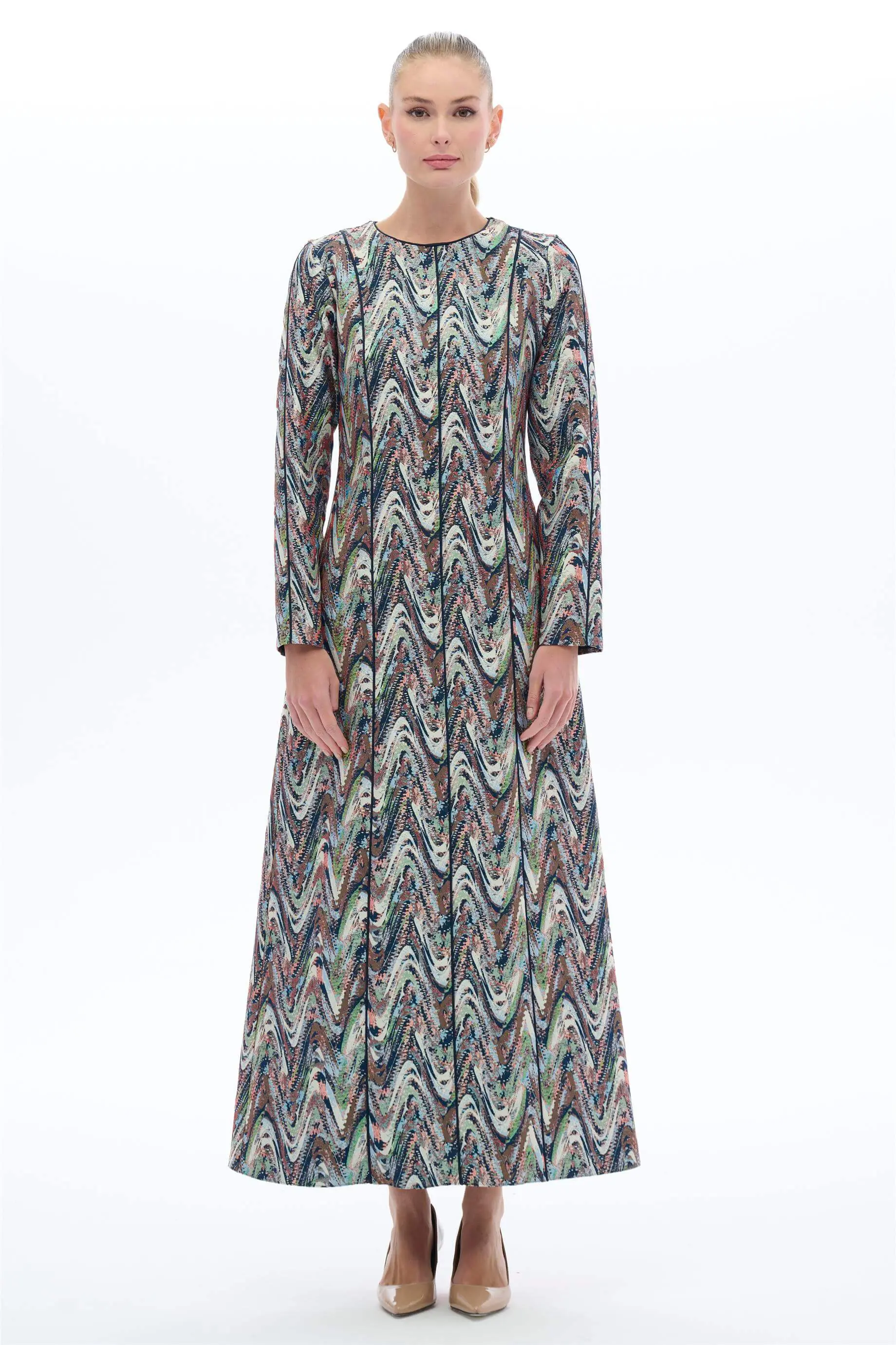 Navy Blue Floral Brocade Modest Dress