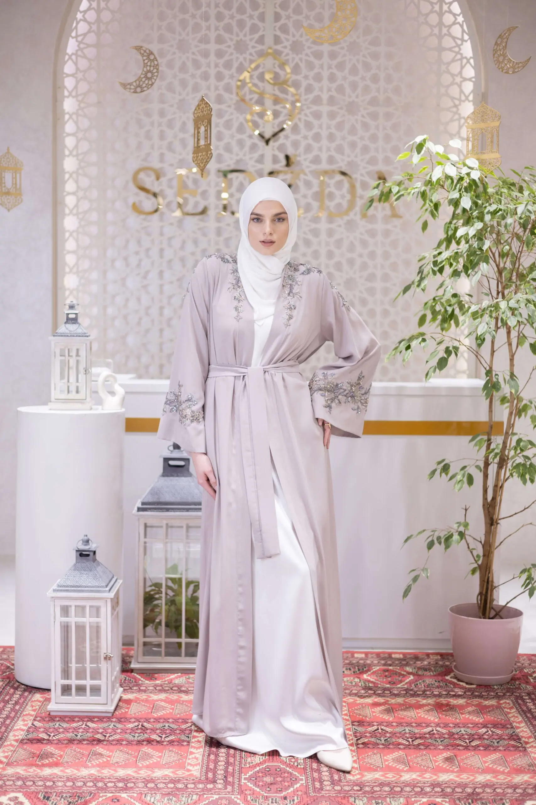 Silk Crown Embellished Abaya – Soft Taupe