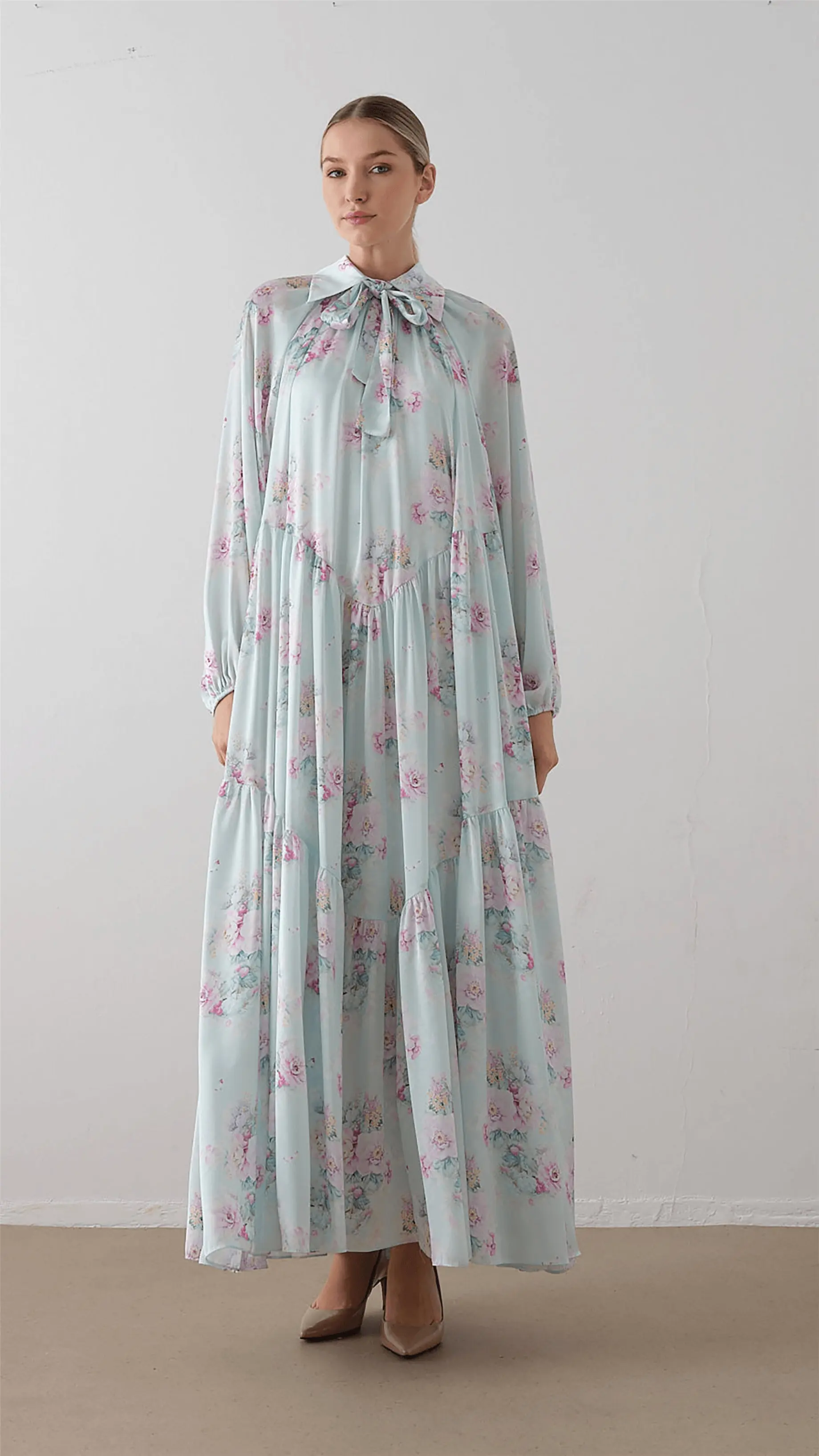 Bow Neck Chiffon Satin Dress – Blue