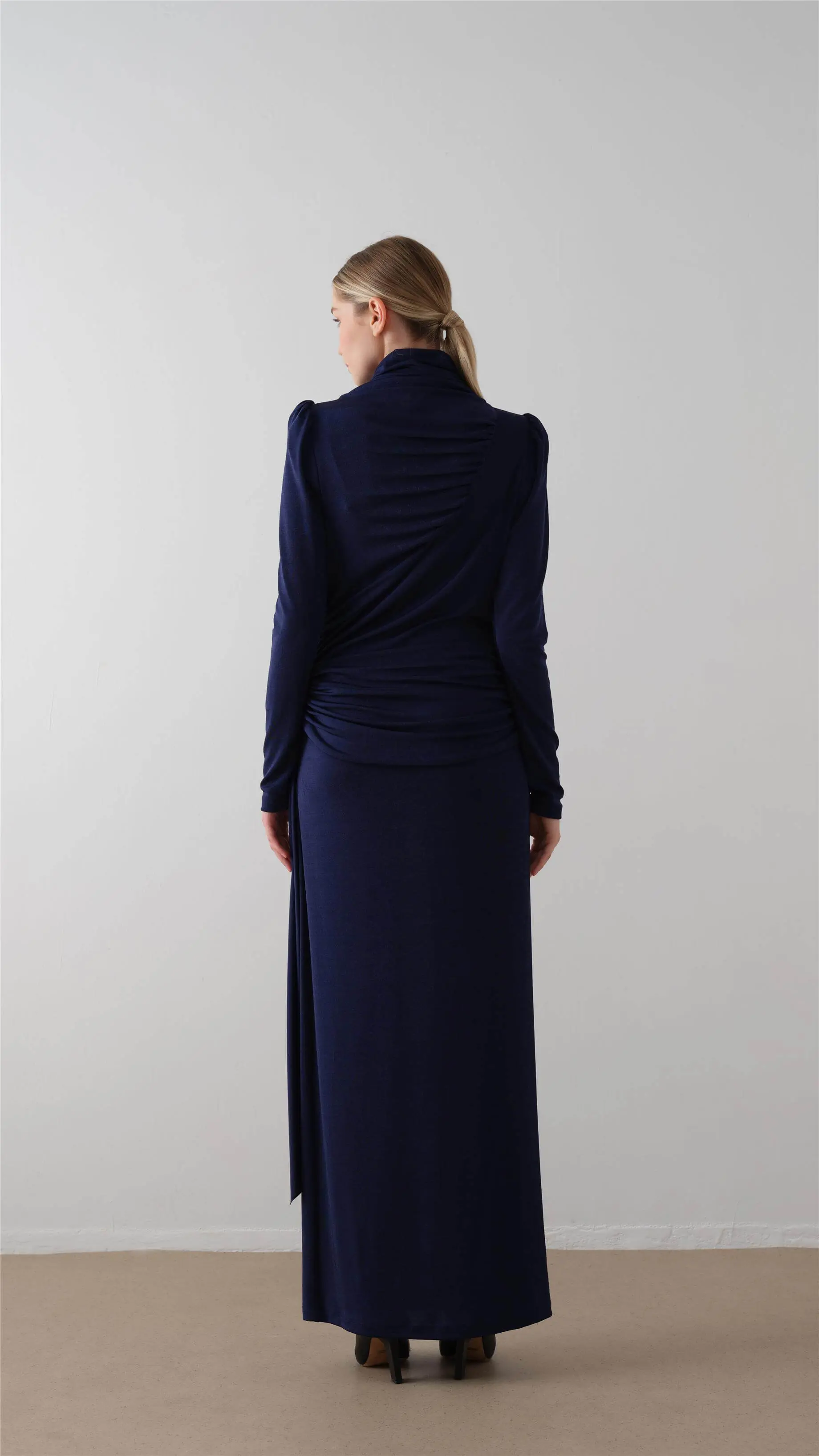 Ruched Turtleneck Dress – Navy, photo 4