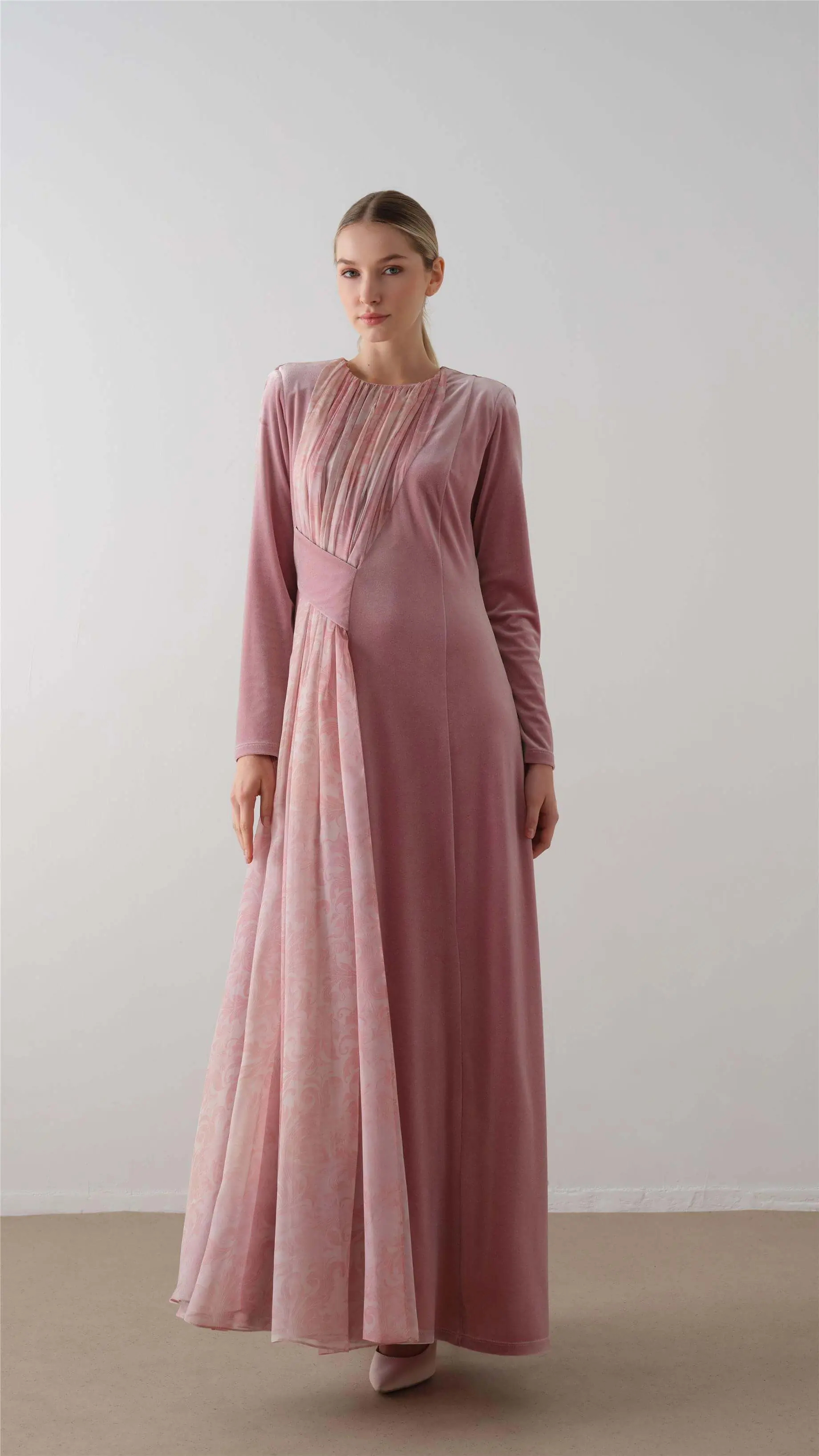 Cross-Draped Velvet Chiffon Dress – Powder Pink, photo 5