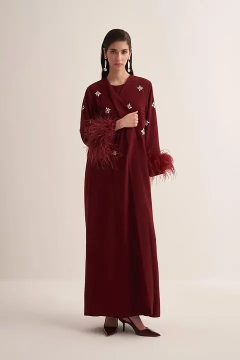 Elissa Feathered Crystal Embellished Abaya – Burgundy