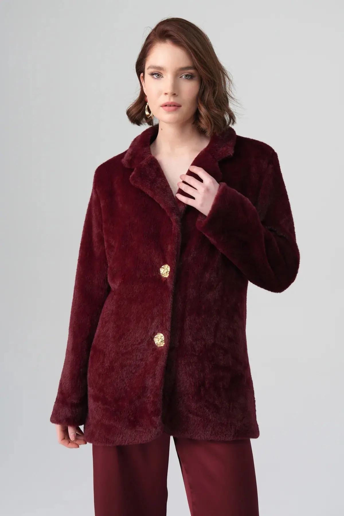 Marcel Evening Faux Fur Coat – Burgundy, photo 2
