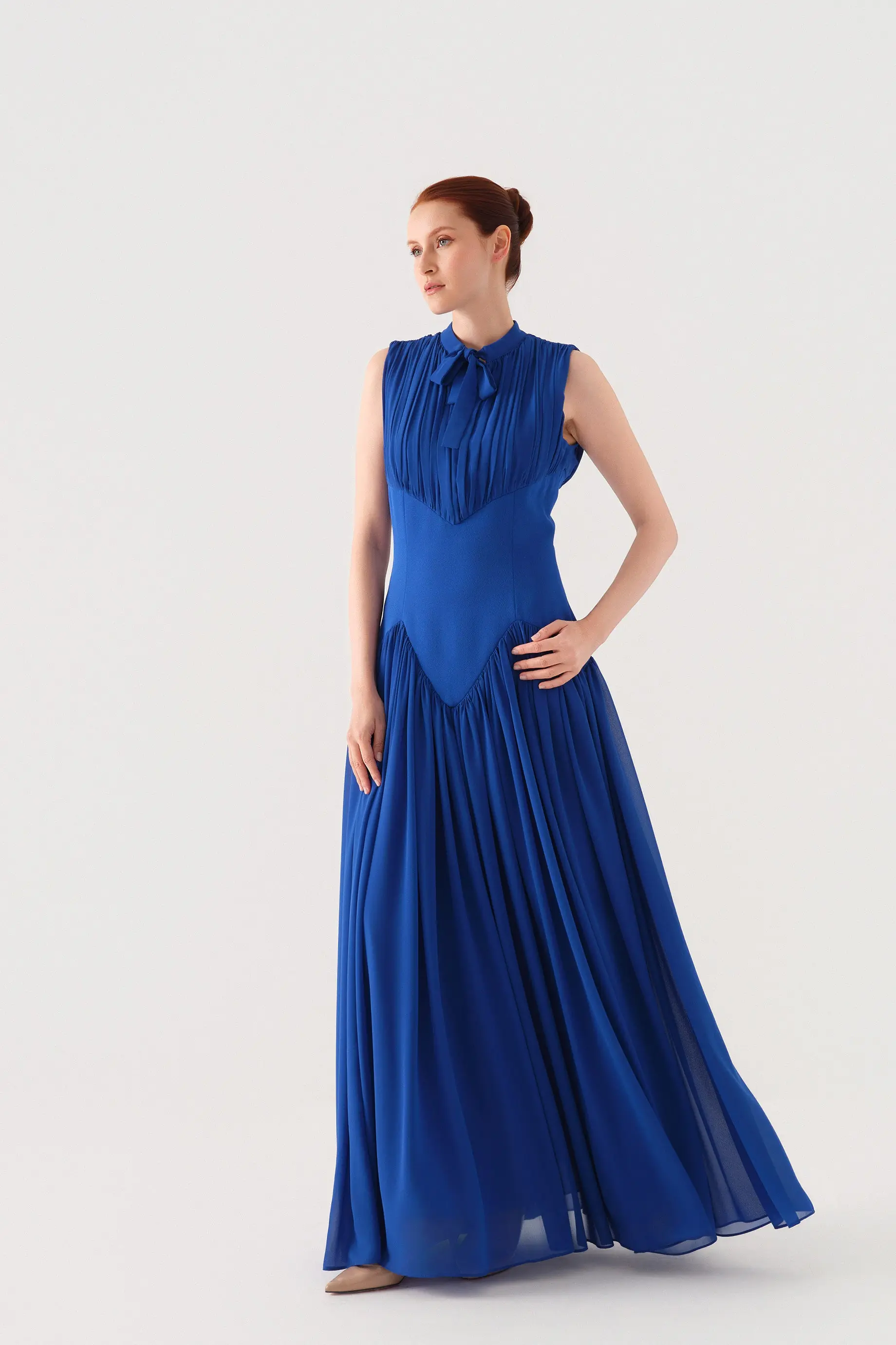 Sleeveless Bow-Neck Corset-Detail Chiffon Crepe Maxi Dress – Royal Blue, photo 5