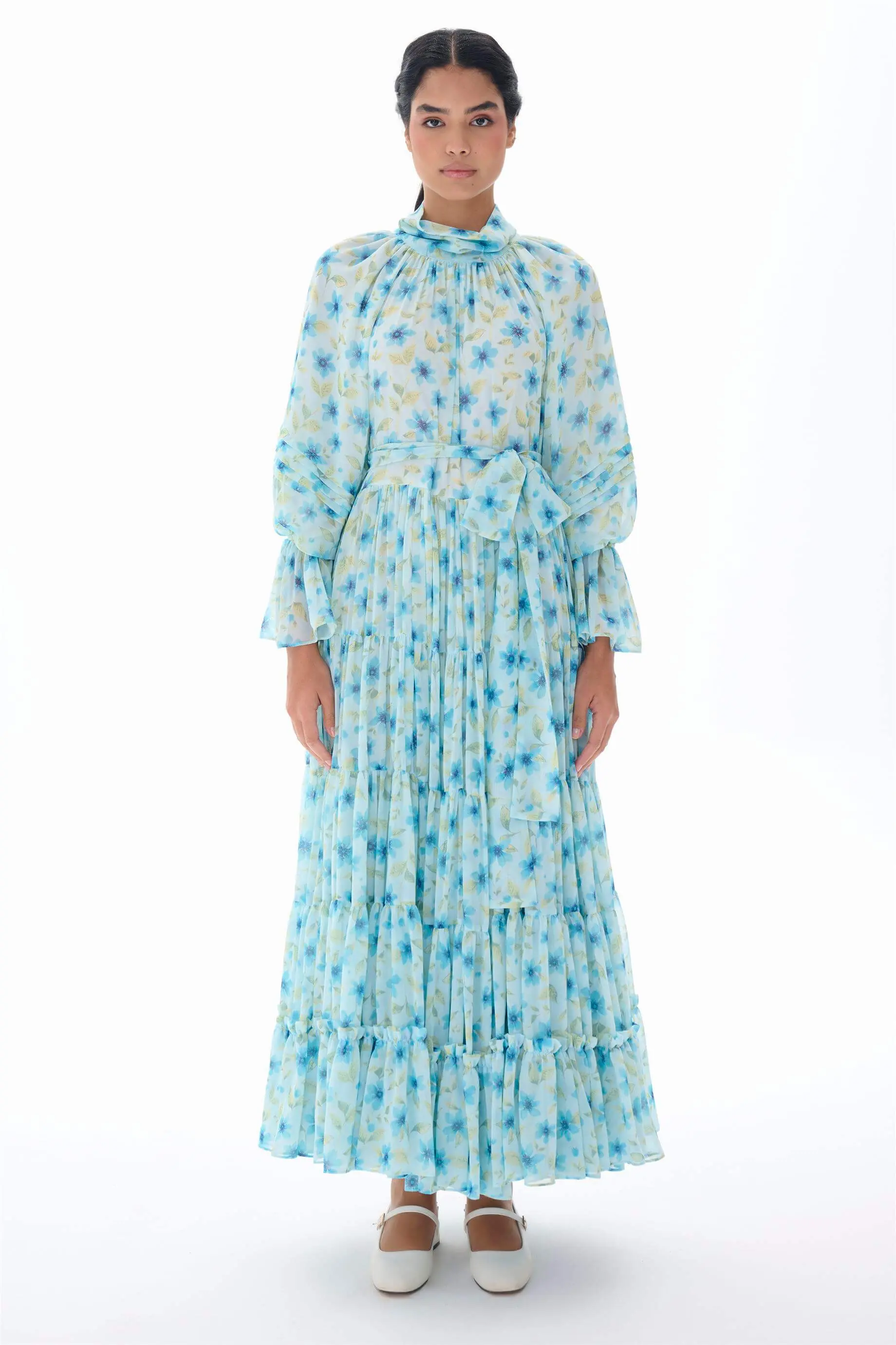 Tiered Gathered Floral Dress – Blue