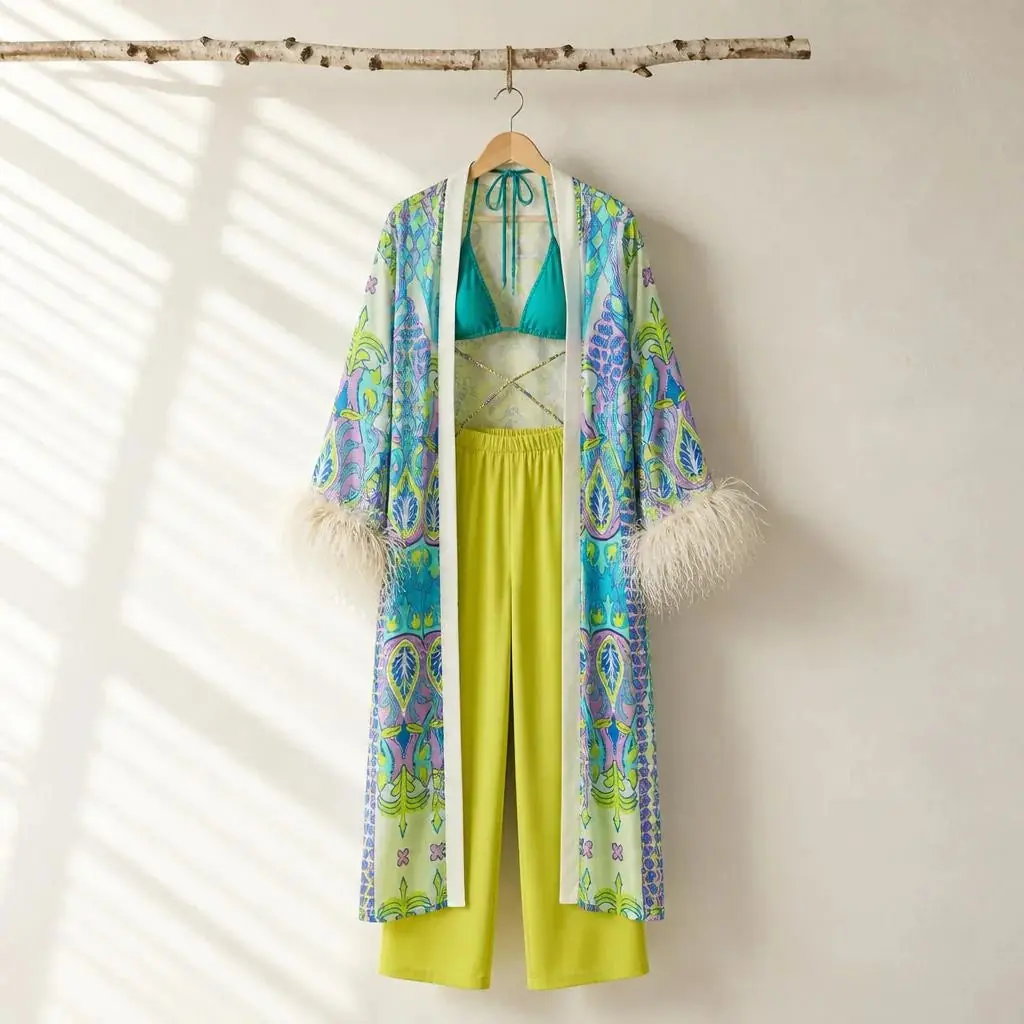 Rita Printed Silk Feather-Trim Kaftan – Turquoise