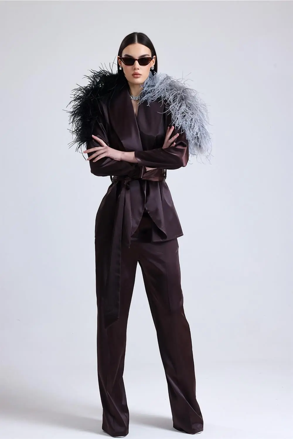 Satin Ember Feather-Shoulder Set – Brown, photo 2