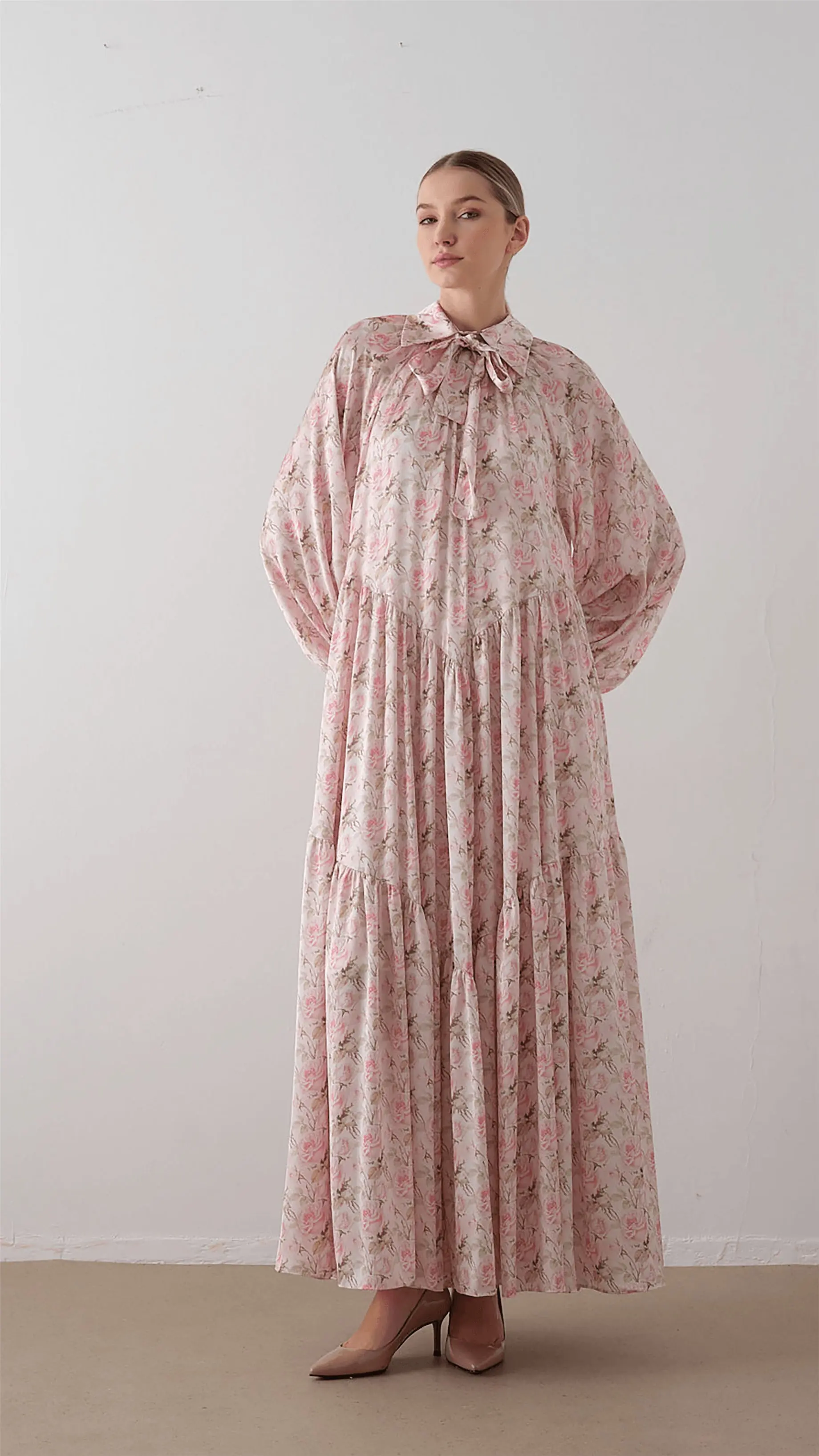 Bow Neck Chiffon Satin Dress – Soft Pink, photo 5