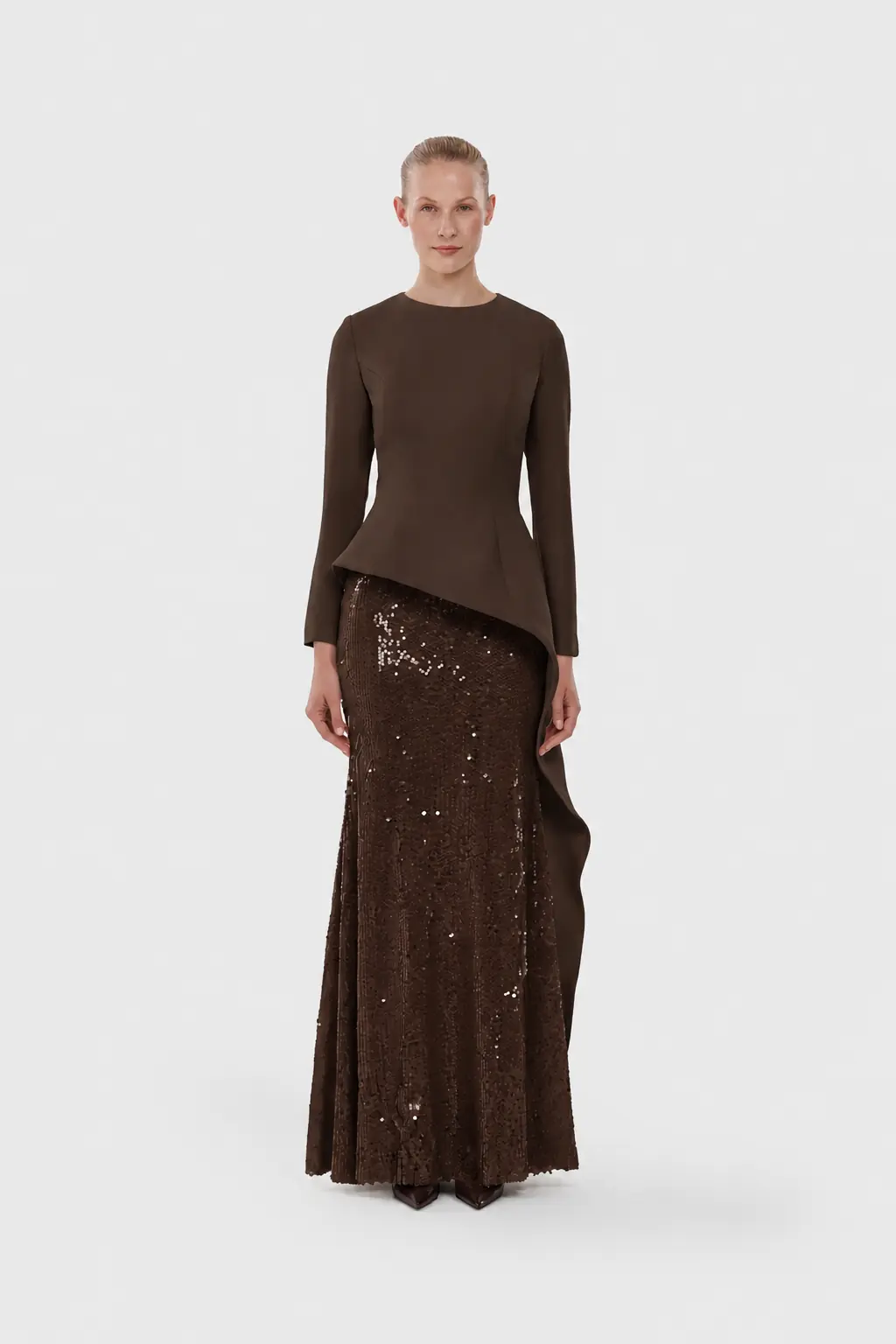 Long-Sleeve Asymmetric Sequin Evening Set - Brown