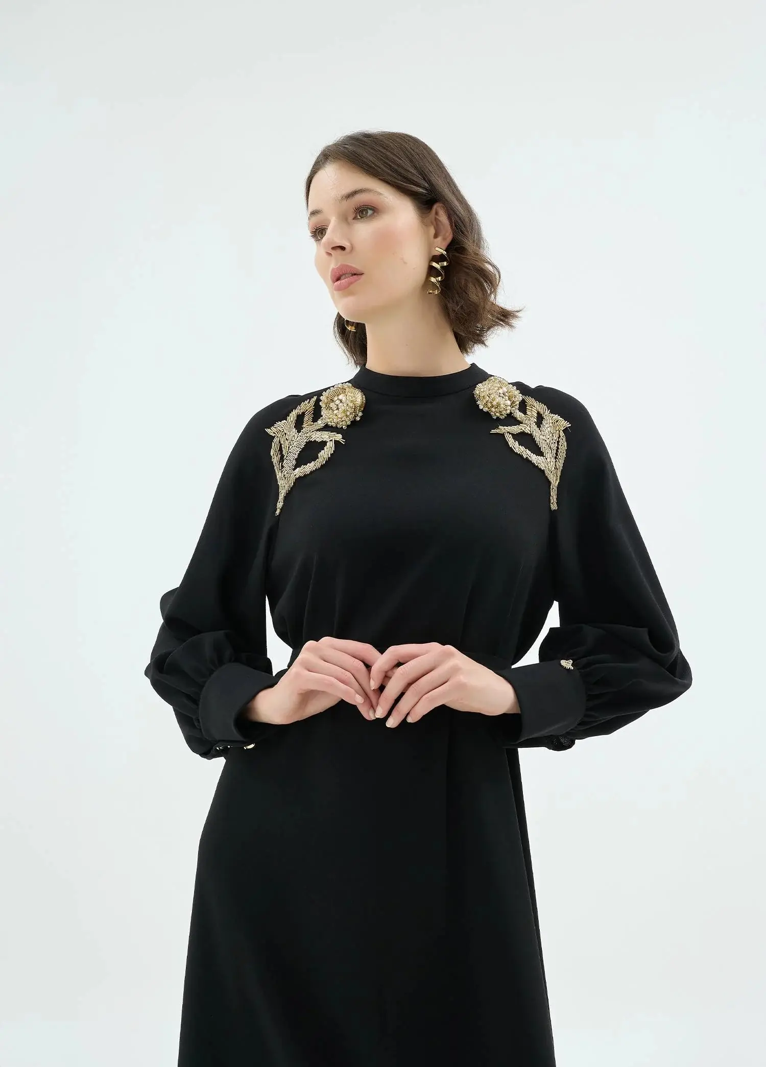 Rose Embellished Shoulder Dress – Black, photo 2